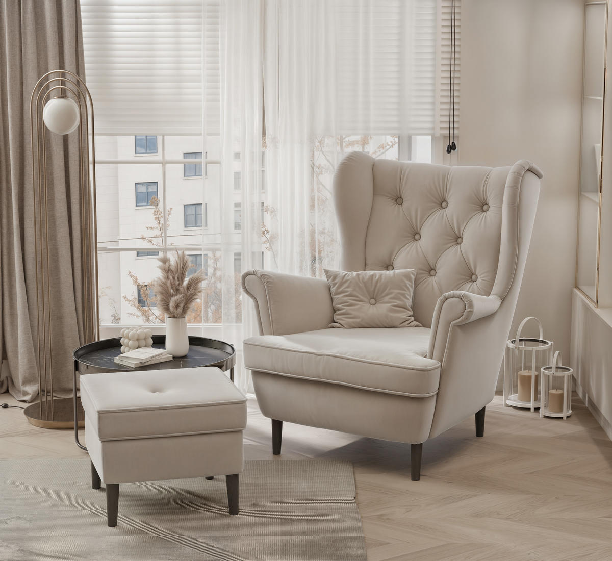 OHRENSESSEL SCANDI mit hocker, Samt Beige - Beige, Holz/Textil (75/97/57cm) - Idohome