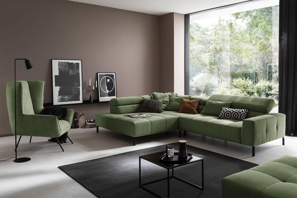 ECKSOFA MIT MOTORISCHEM SITZVORZUG OHIO Grün Cord - Schwarz/Grün, Textil/Metall (311/219cm) - KAWOLA