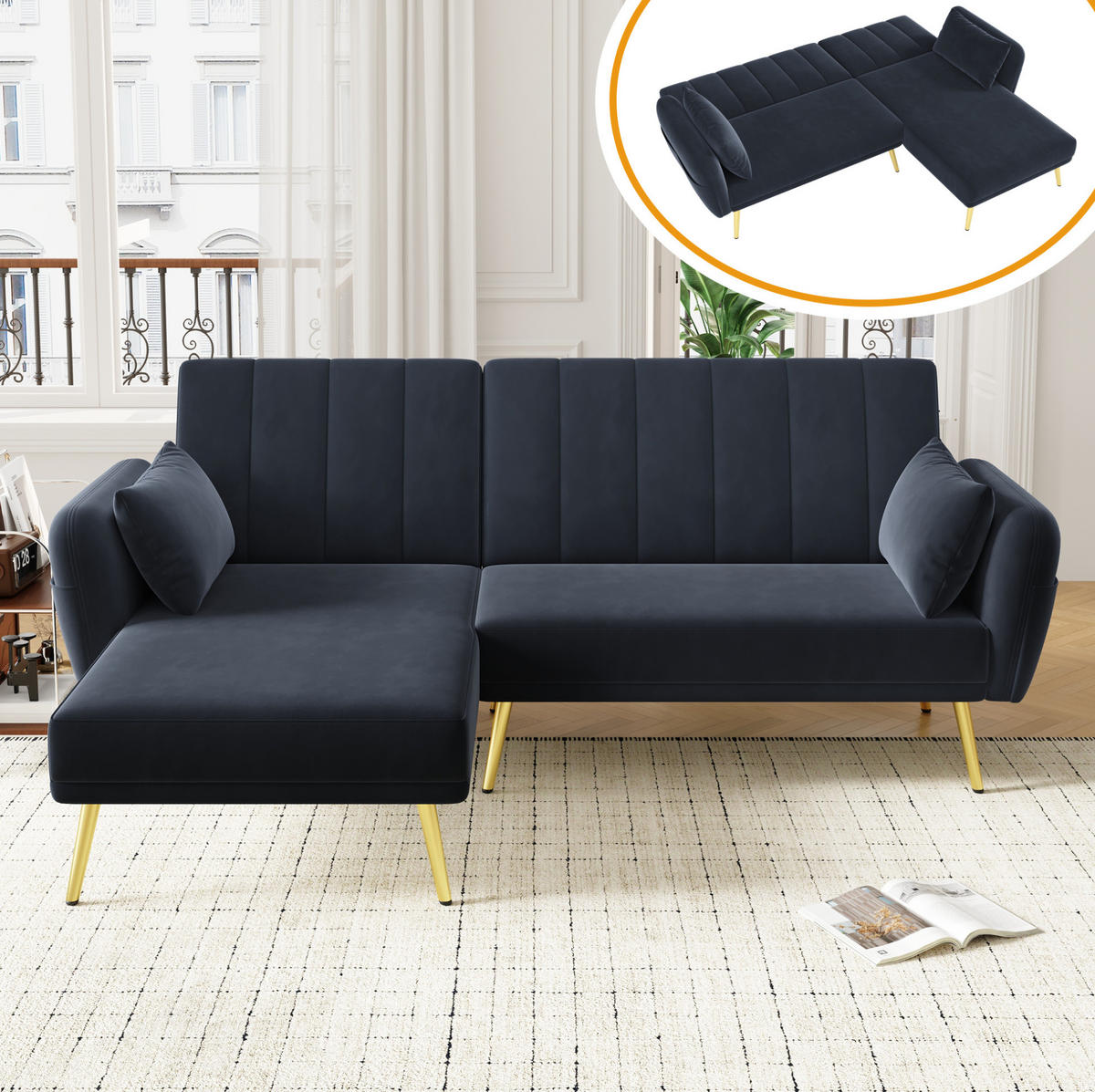 ECKSOFA, Samt mit Schlaffunktion & verstellbarer Rückenlehne, 191,5/130,5/80 cm, Schwarz - Schwarz, Textil (130.5/191.5cm) - Redom