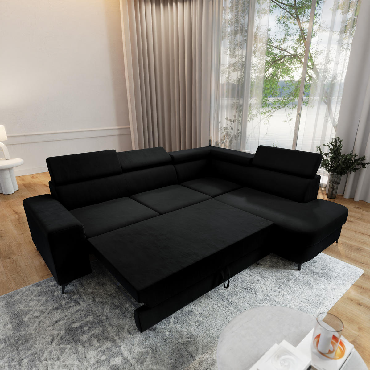 ECKSOFA ALVORO R-S Schwarz Velours-Stoff mit Schlaffunktion - Schwarz, Holz (253/190cm) - MASSENO