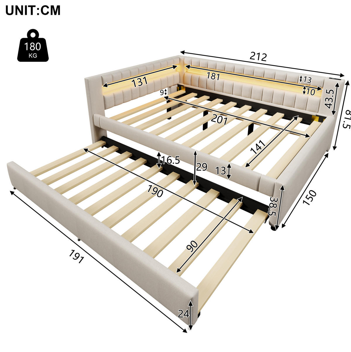 POLSTERBETT 140/200 cm Beige mit Ausziehbett mit LED-Beleuchtung mit USB- und Type-C-Anschlüssen - Beige, Textil (140/200cm) - OKWISH