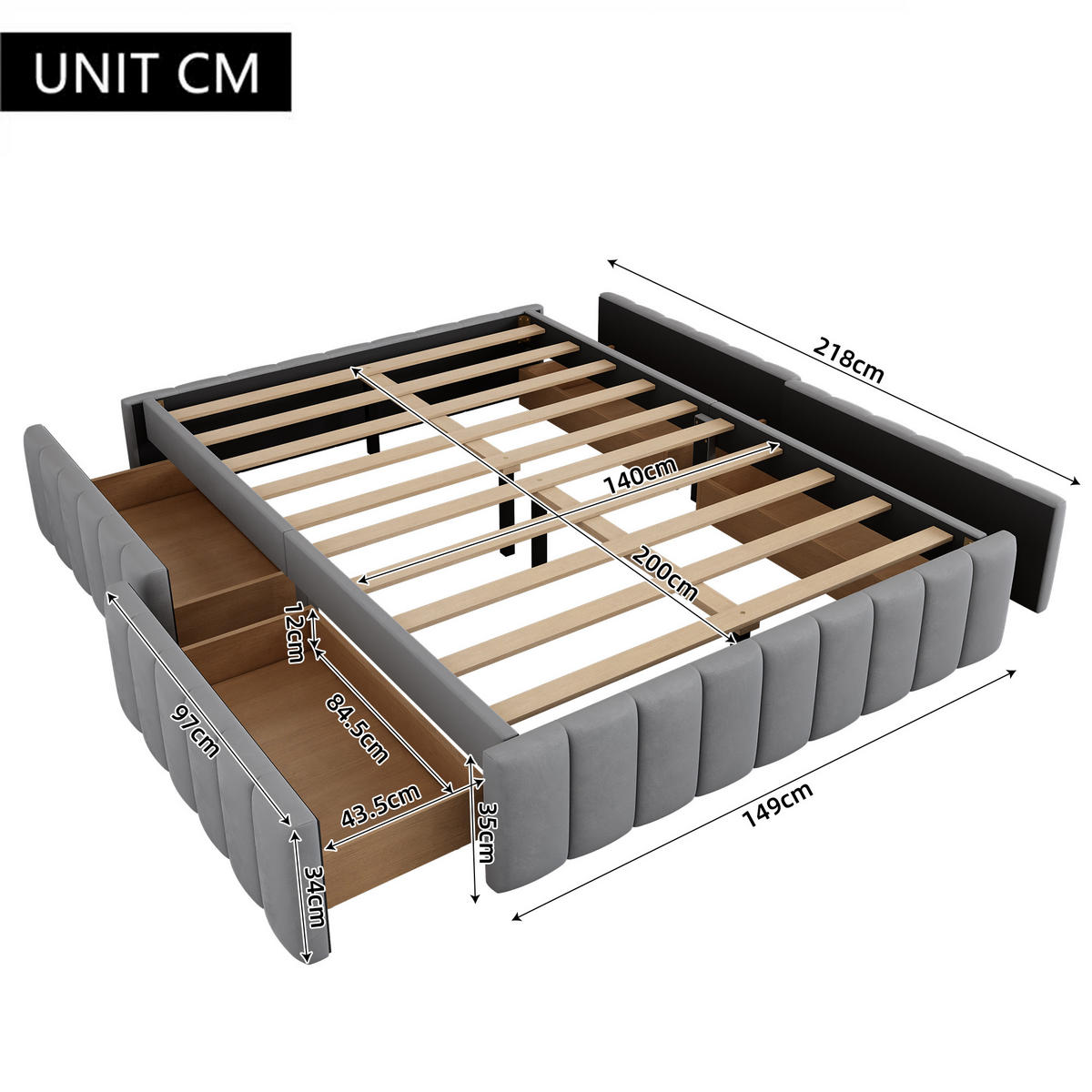 POLSTERBETT 140/200 cm Grau Doppelbett mit Lattenrost ohne Kopfteil - Grau, Textil (140/200cm) - OKWISH