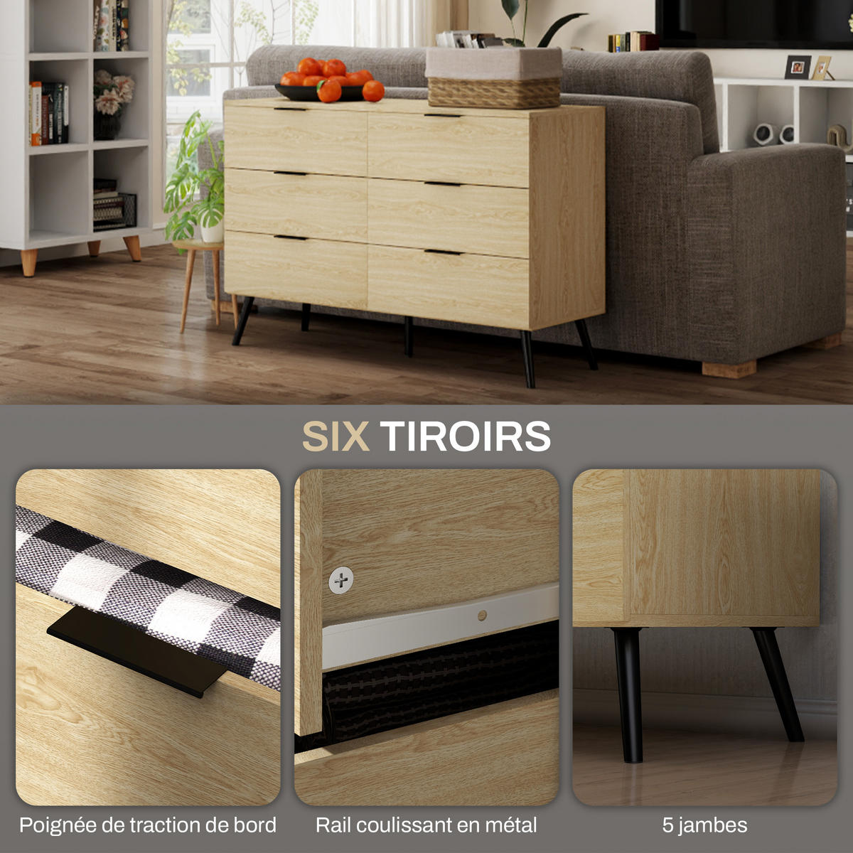 KOMOODE DE-12838 6 Schubladen, modern Holzfarbe - Eichefarben, Holzwerkstoff (110/75/40cm) - ComfortXL