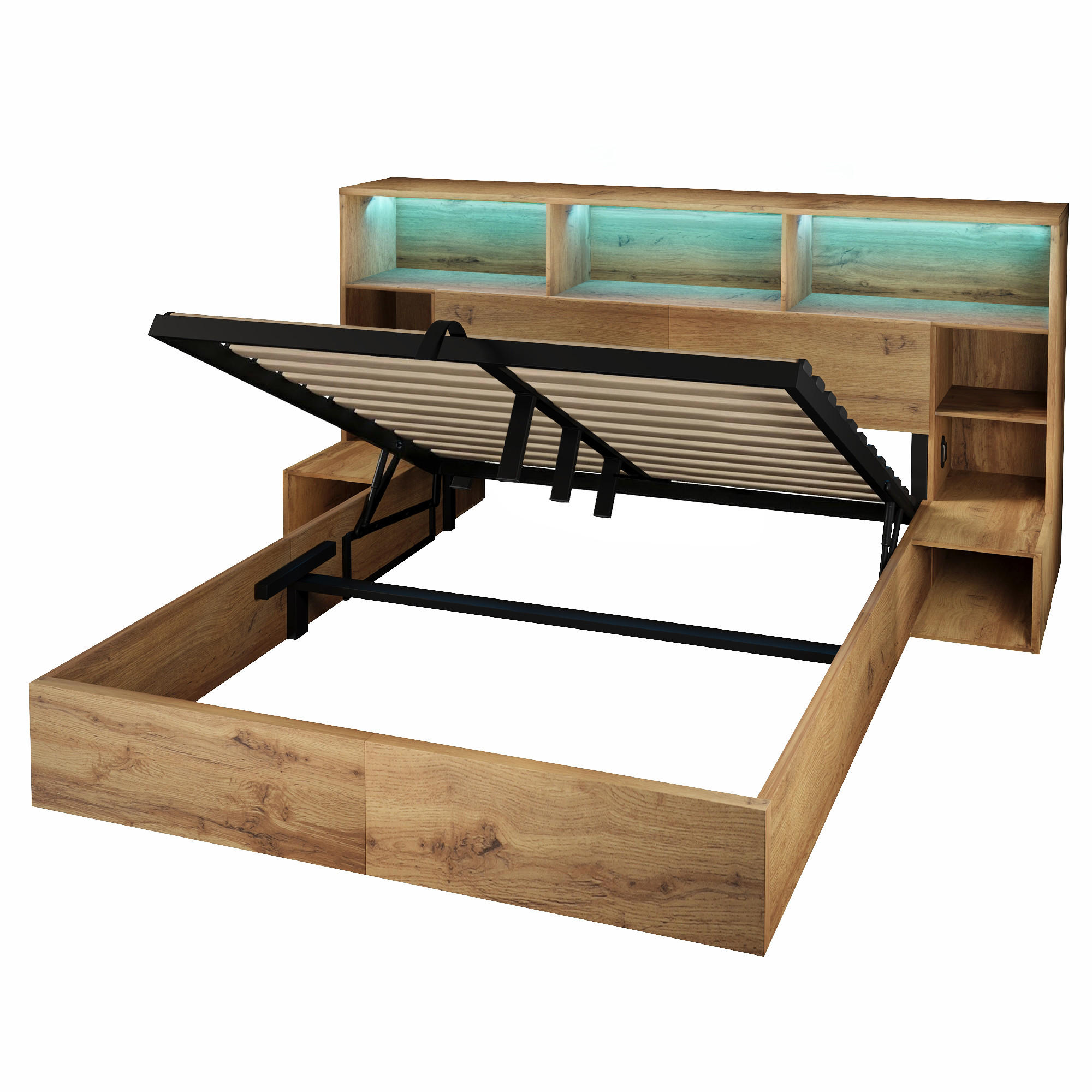 POLSTERBETT 160/200 cm Eiche mit integrierten Nachttischen, LED und USB-C, Ohne Matratze - Eichefarben, Holz (160/200cm) - Oxeza