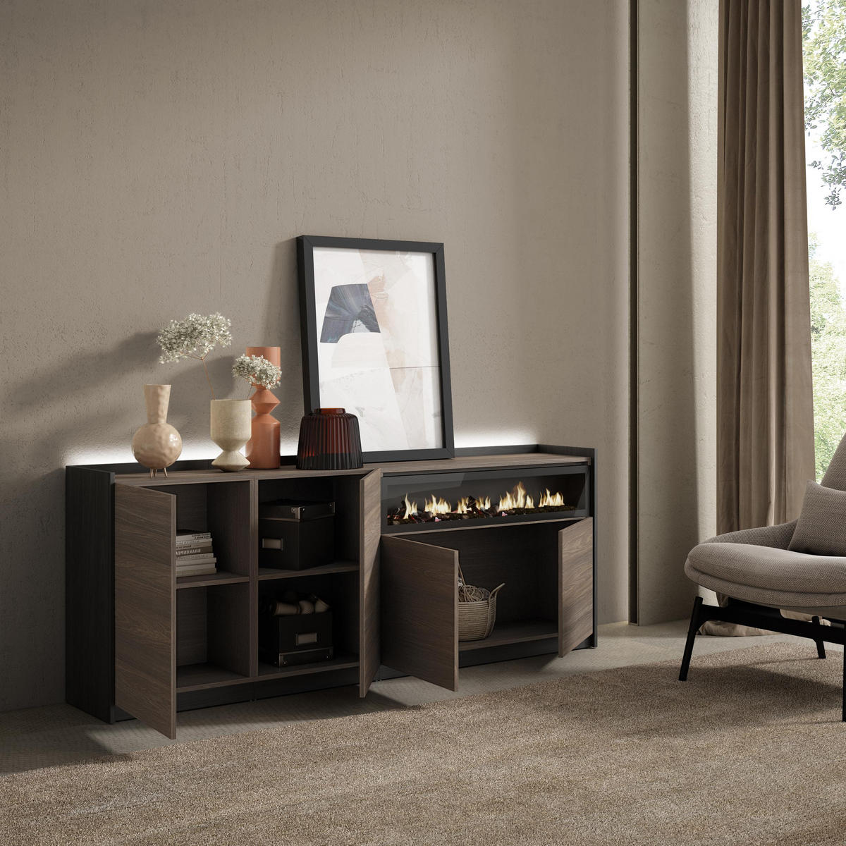 SIDEBOARD, Eiche und Schwarz, 207/37/80cm, Kamin mit Feuereffekt - Dunkelbraun, Holzwerkstoff (207/80/37cm) - Skraut Home