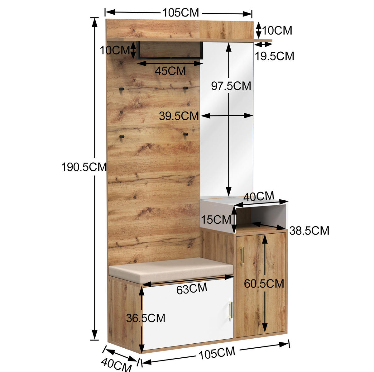 GARDEROBE 105/190,5/40 cm Weiß/Holzfarbe aus MDF und Spanplatte mit Spiegel 5er Set - Weiß, Holzwerkstoff (40/190.5/105cm) - OKMYHOME