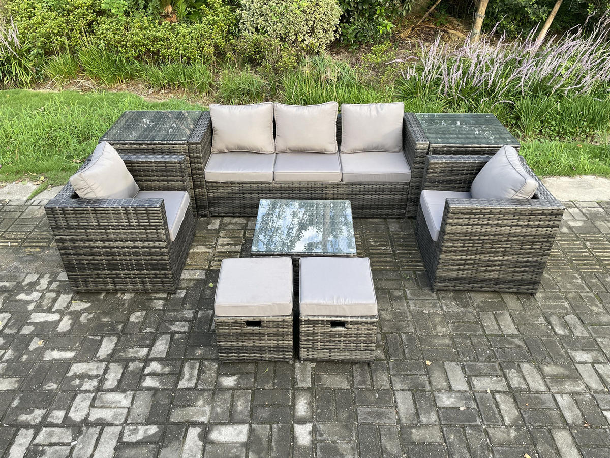 GARTENSET mit Beistelltisch Polyrattan 7-Sitzer - Dunkelgrau, Metall - Fimous