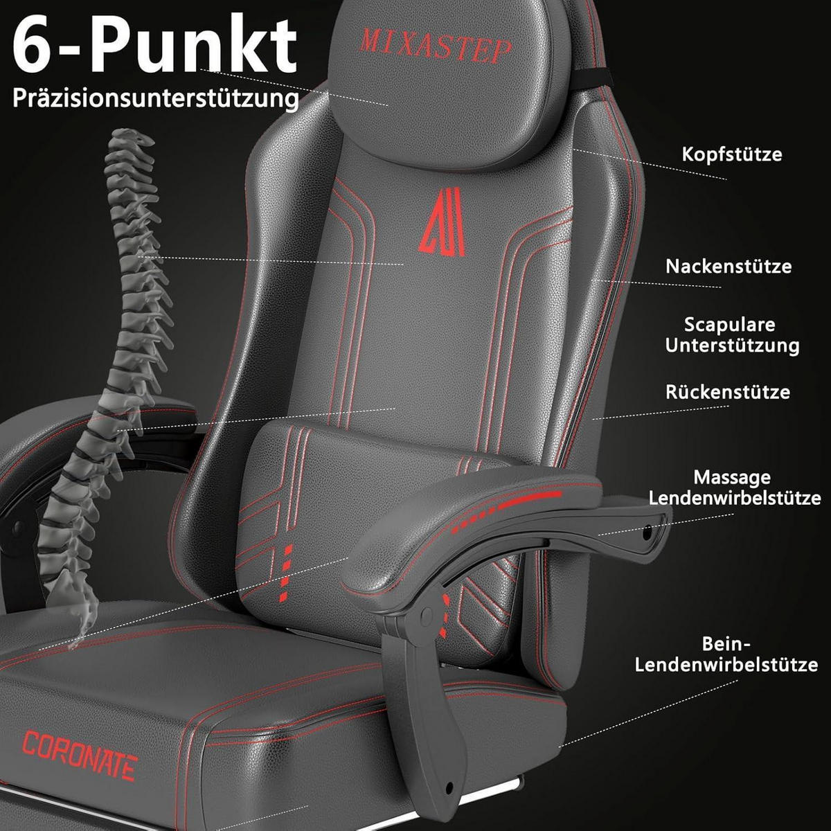 GAMING Stuhl Ergonomisch Rot mit Verstellbarer Rückenlehne & 360° Drehfunktion - Schwarz, Kunststoff (50/128/52cm)