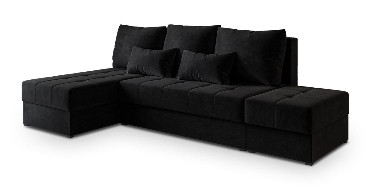 ECKSOFA NORVI Schwarz Plüsch-Stoff mit Schlaffunktion - Schwarz, Holz (251/143cm) - MASSENO