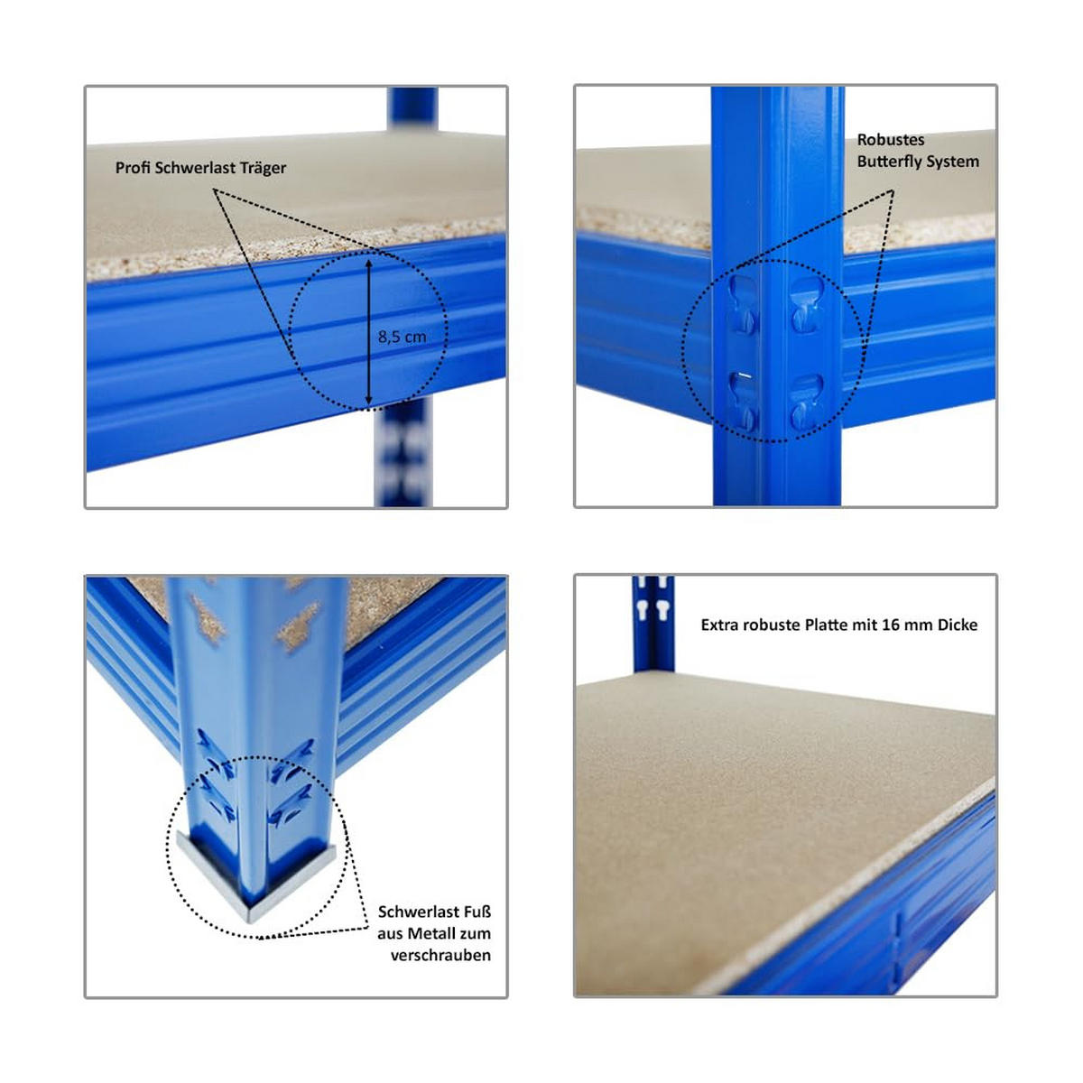 SCHWERLASTREGAL Rhino 180x200x60 cm 4 Spanplatten-Ebenen 16mm Fachlast 500 kg Blau - Blau, Metall (200/180/60cm) - PROREGAL