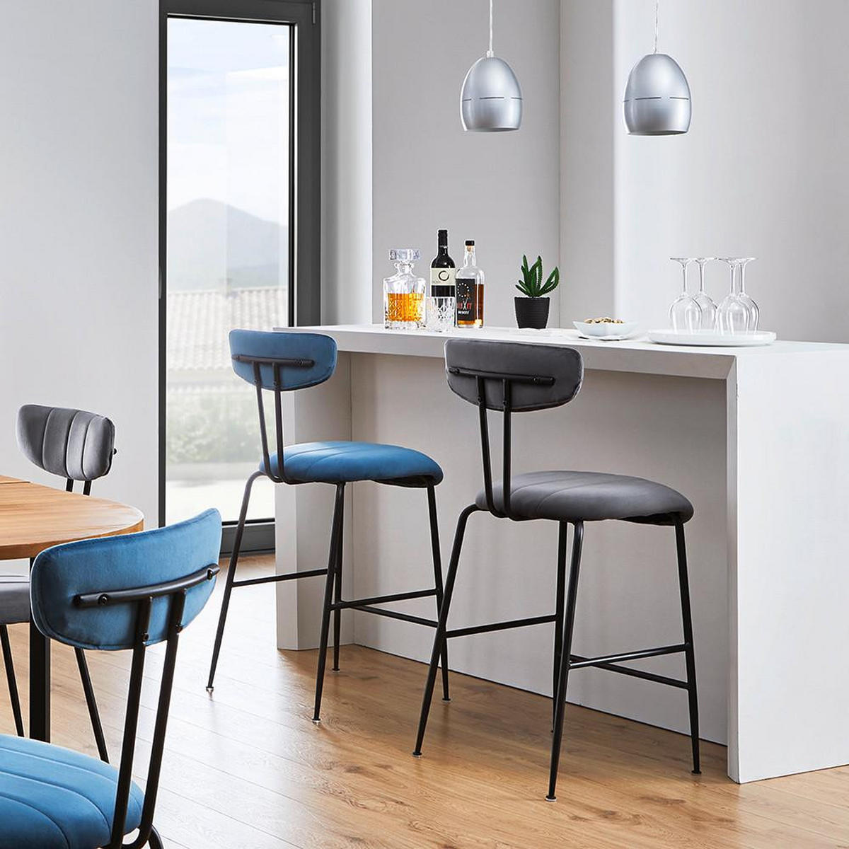 BARHOCKER Tylor Blau Samt Gepolstert - Blau, Holz (48/102/52cm) - Bessagi Home