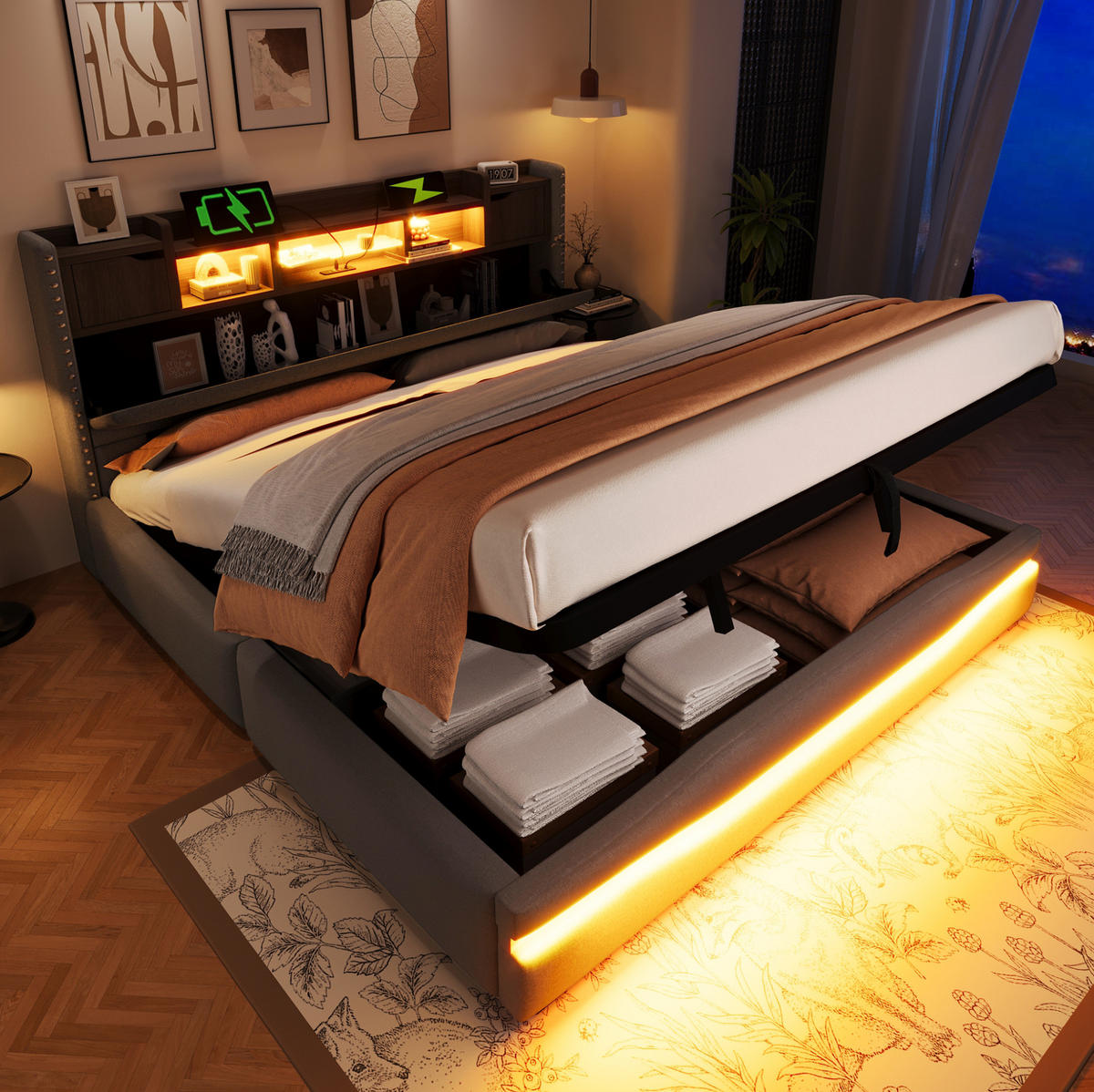 POLSTERBETT 180/200 cm aus Leinen mit LED-Beleuchtung, Grau - Grau, Textil (180/200cm) - OKMYHOME