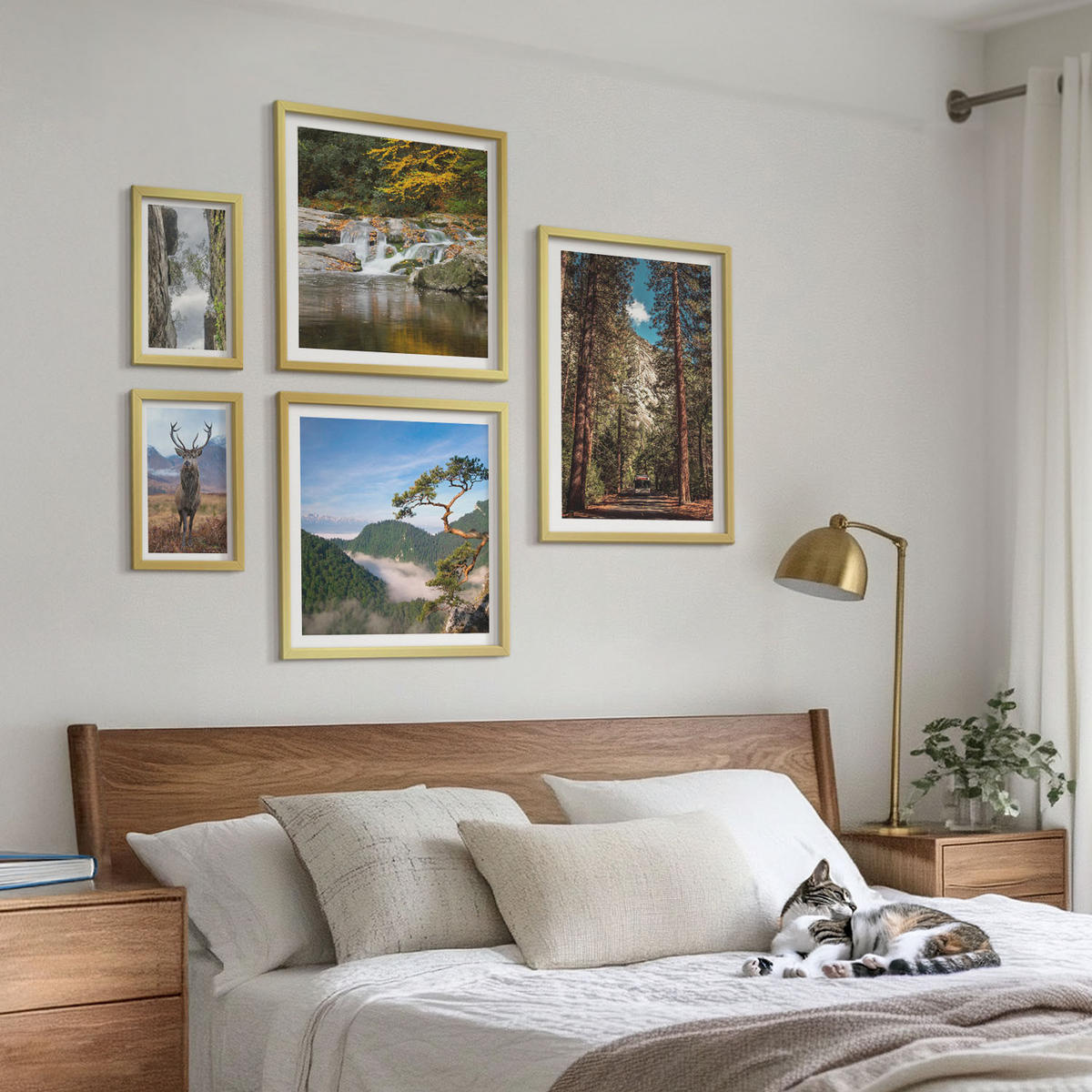 WANDBILDER 5er Set - 50x50 cm & 20x30 cm & 40x60 cm Goldrahmen - Wasserfall Wald Berge Hirsch Natur - Goldfarben, Kunststoff (40/60cm) - ArtPrintCave