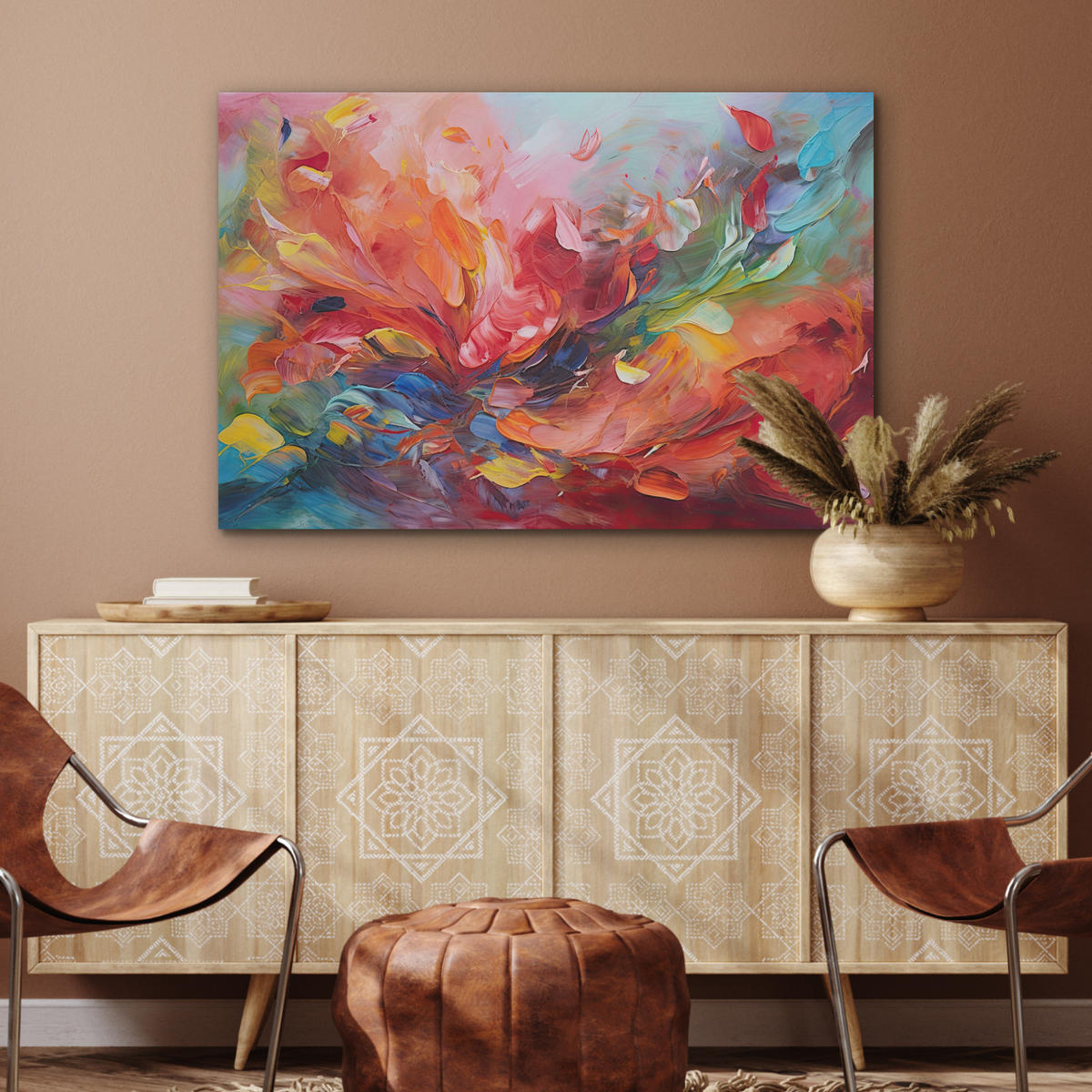 AKUSTIKBILD Ölgemälde - Kunst - Abstrakt - Farbenfroh Wandbild Wohnzimmer 100x70 cm - Altrosa, Textil (100/70/0.9cm) - MuchoWow