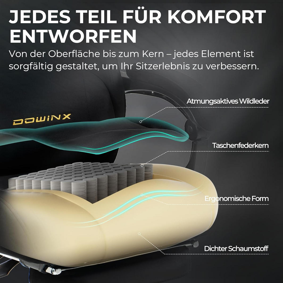 GAMING-STUHL Mikrofaser-Velours & Lendenkissen, Fußstütze 160° Neigbar - Schwarz, Leder (70/132/70cm)