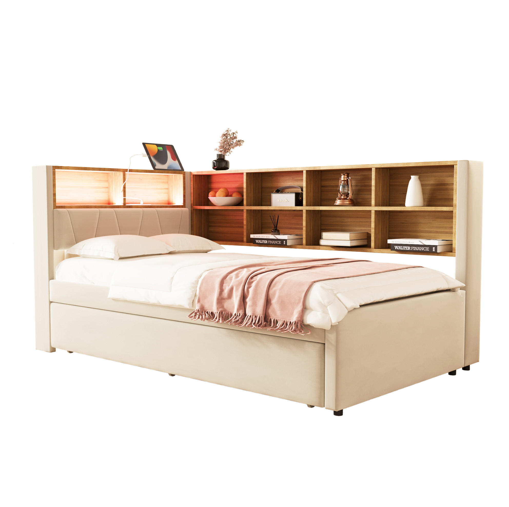 AUSZIEHBETT 90/200 cm in Beige mit LED-Beleuchtung und Stauraum - Beige, Textil (90/200cm) - Flora Grace