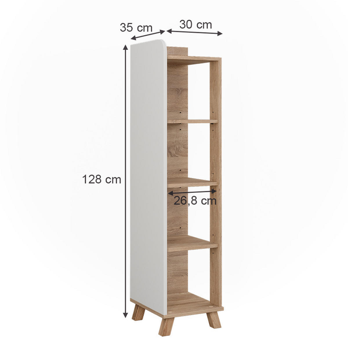 BADREGAL Karen Sonoma/Weiß 30 x 128 cm mit 4 Fächern - Weiß/Sonoma Eiche, Holzwerkstoff (30/128/35cm) - Vicco