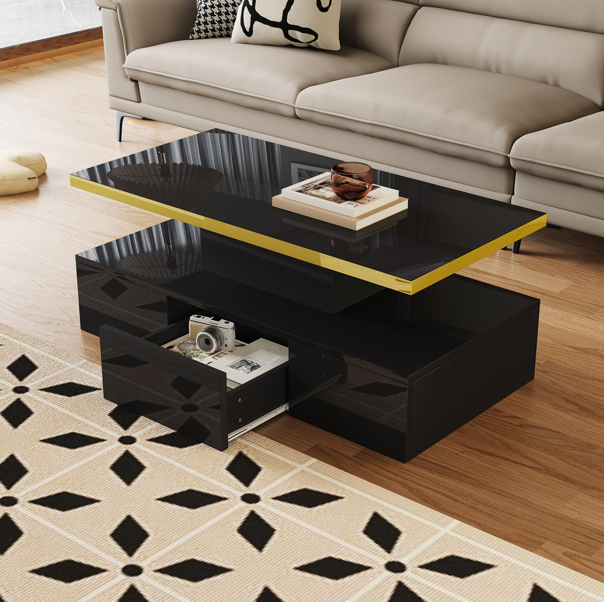 COUCHTISCH 100/50/39 cm in Schwarz Hochglanz mit Schublade und 2 Ablageebenen - Schwarz, Holzwerkstoff (100/50/39cm) - Flora Grace