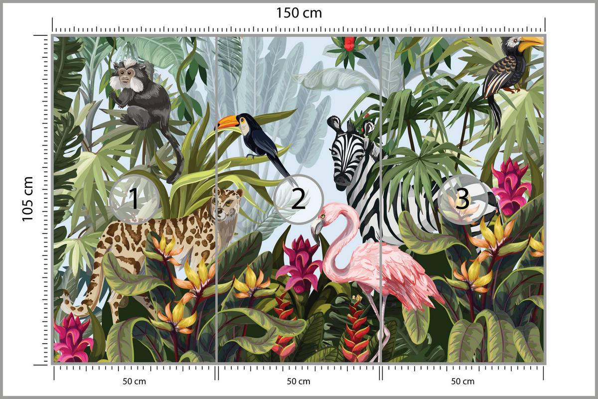 FOTOTAPETE für Kinderzimmer Tropische Pflanzen Tiere Flamingo Rippen 150x105 - Multicolor, Papier (150/105cm) - Muralo
