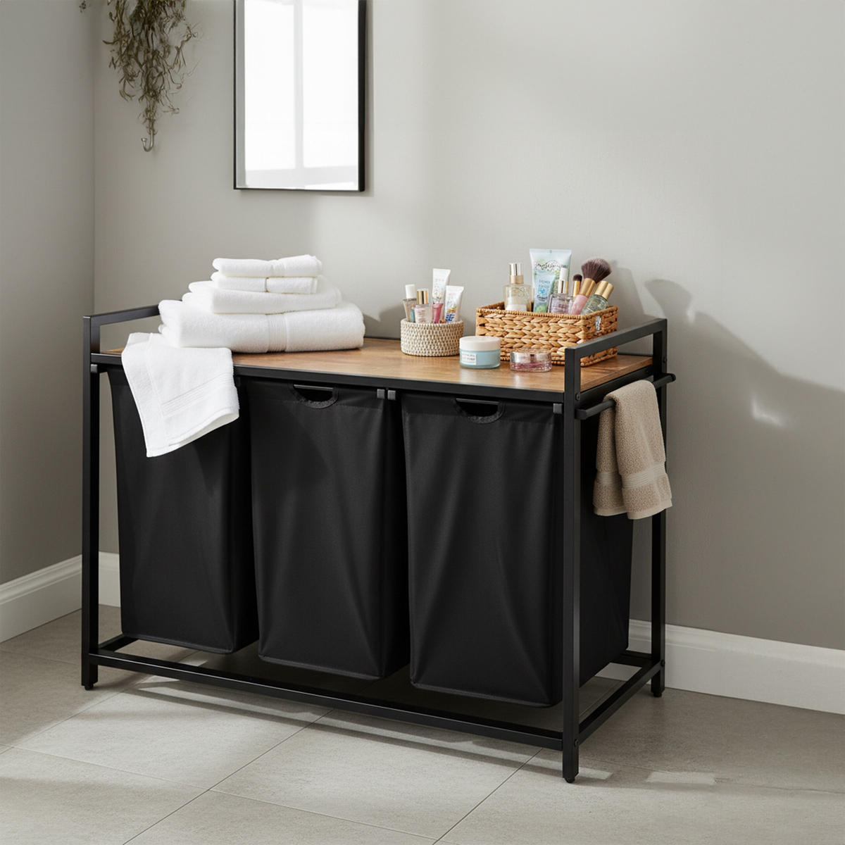 WÄSCHESAMMLER - Schwarz, Holzwerkstoff/Textil (109.5/73.5/33cm) - Relaxdays