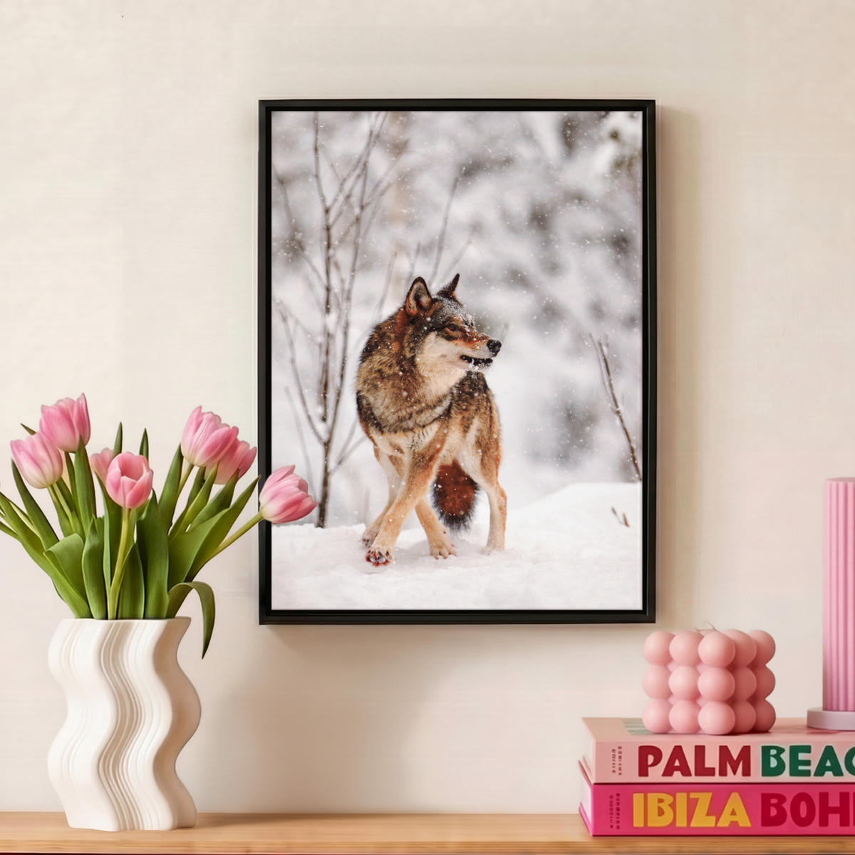 LEINWAND Bilder mit Rahmen - Wolf - Winter - Schnee - Natur - Tiere - 30x40 - Haselnussfarben, Textil (30/40cm) - MuchoWow