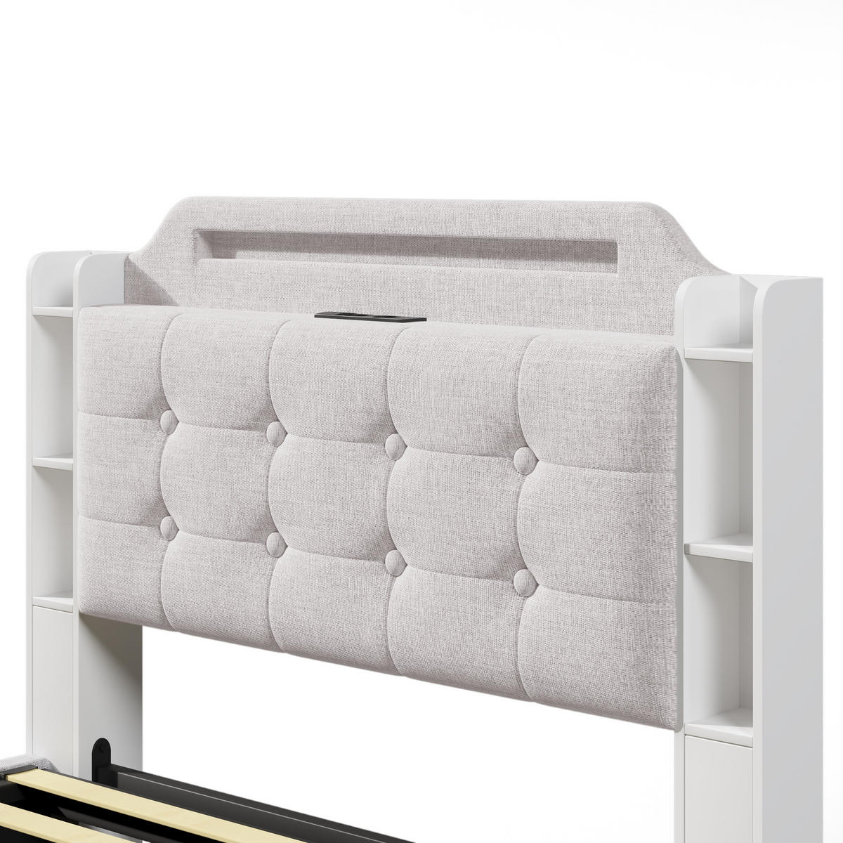 STAURAUMBETT 140/200 cm DE-04727, mit LED, USB+Typ-C und Hydraulik in Beige - Beige, Holzwerkstoff/Metall (140/200cm) - ComfortXL