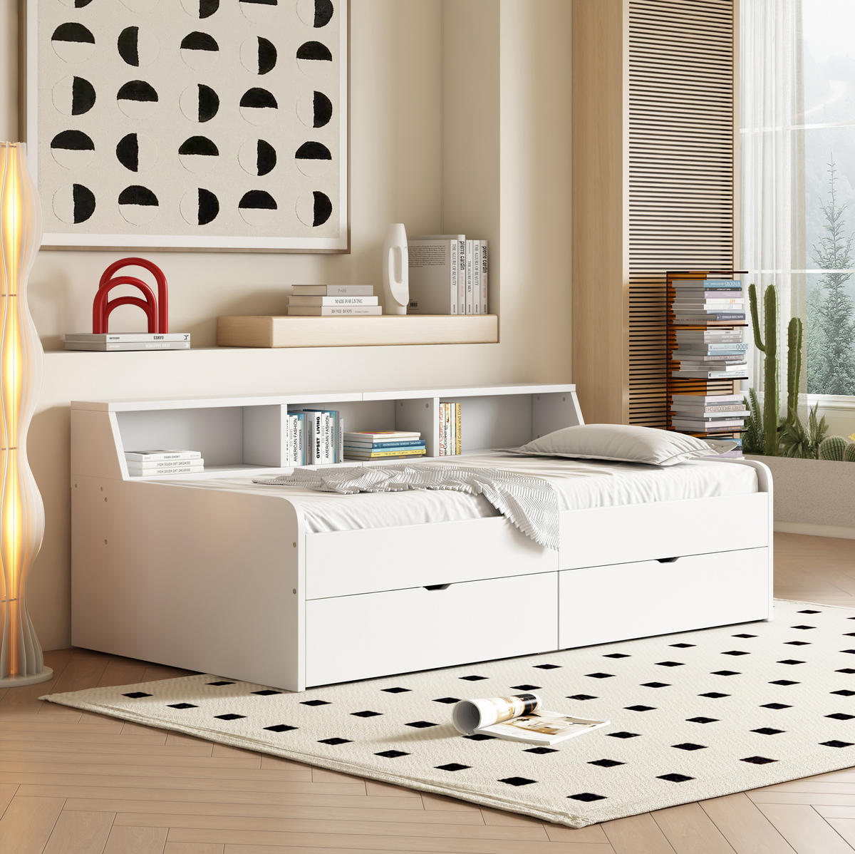 TAGESBETT 90/200 cm mit 2 Schubladen und 3 Ablagefächern aus Kiefern und MDF, Weiß - Weiß, Holzwerkstoff (90/200cm) - Redom