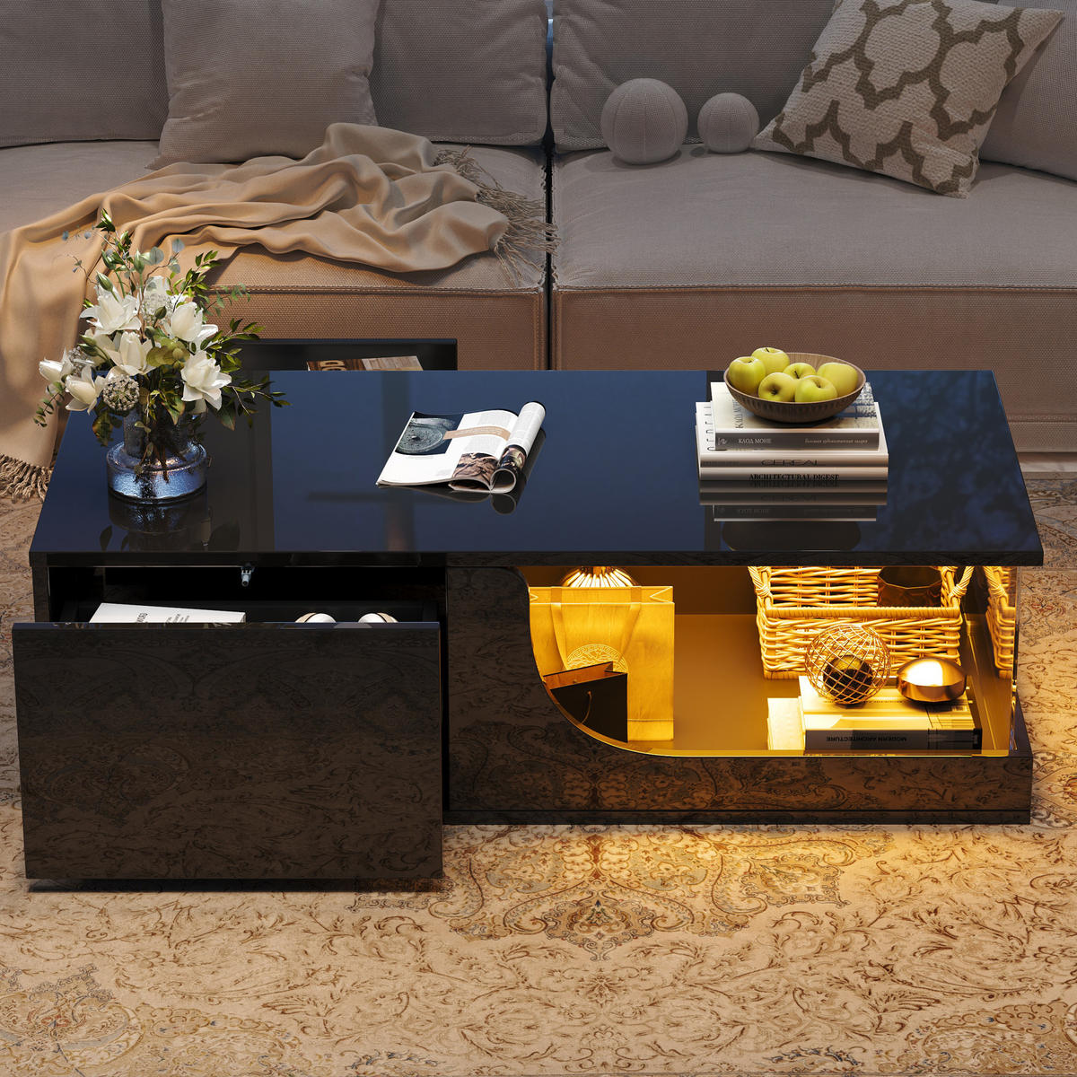 COUCHTISCH 100/50/30 cm schwarz mit 2 Schubladen und LED-Beleuchtung - Schwarz, Holzwerkstoff (100/50/30cm) - OKWISH