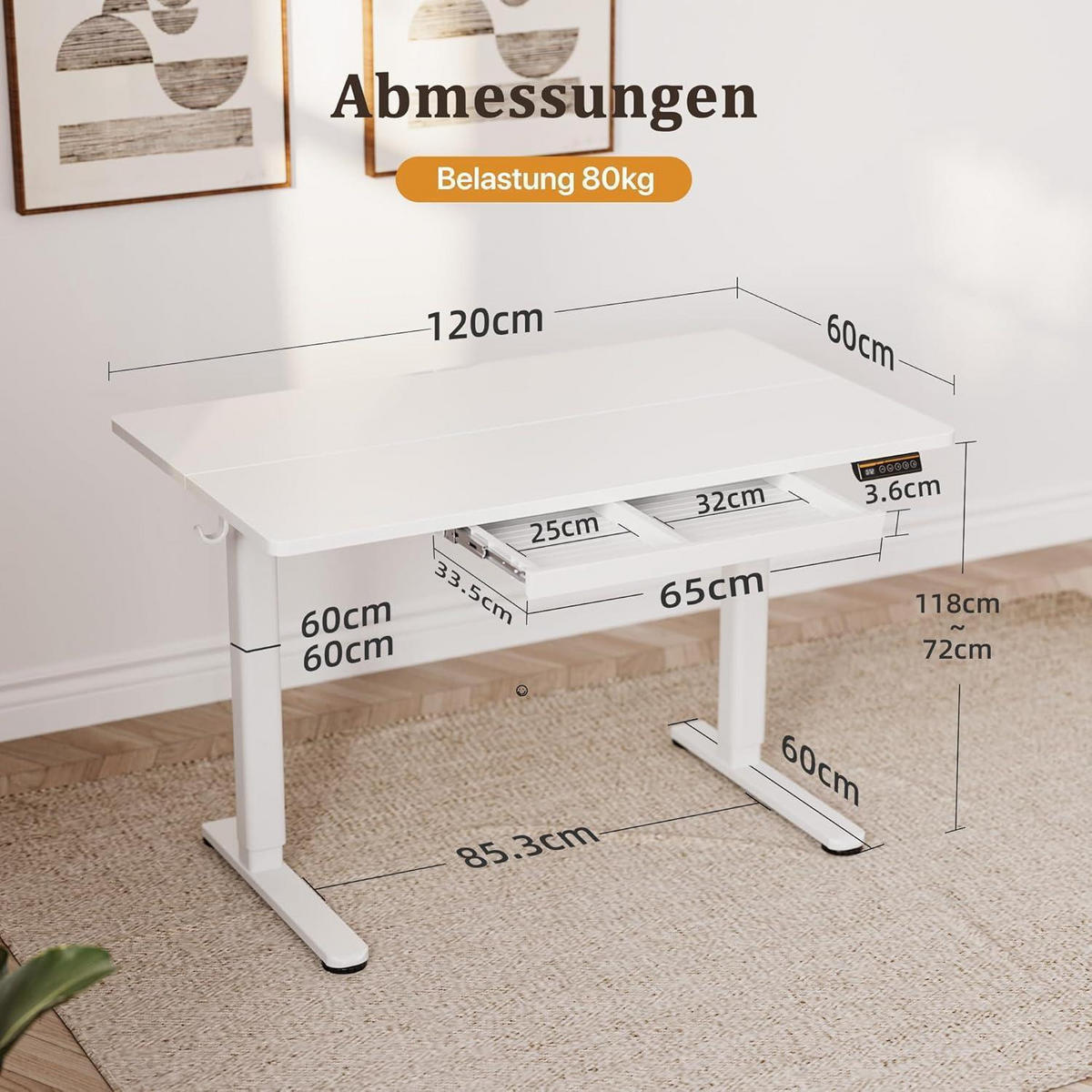 SCHREIBTISCH höhenverstellbar 120 x 60 cm mit Schublade und Memory-Funktion Weiß - Weiß, Holzwerkstoff (60/120/118cm)