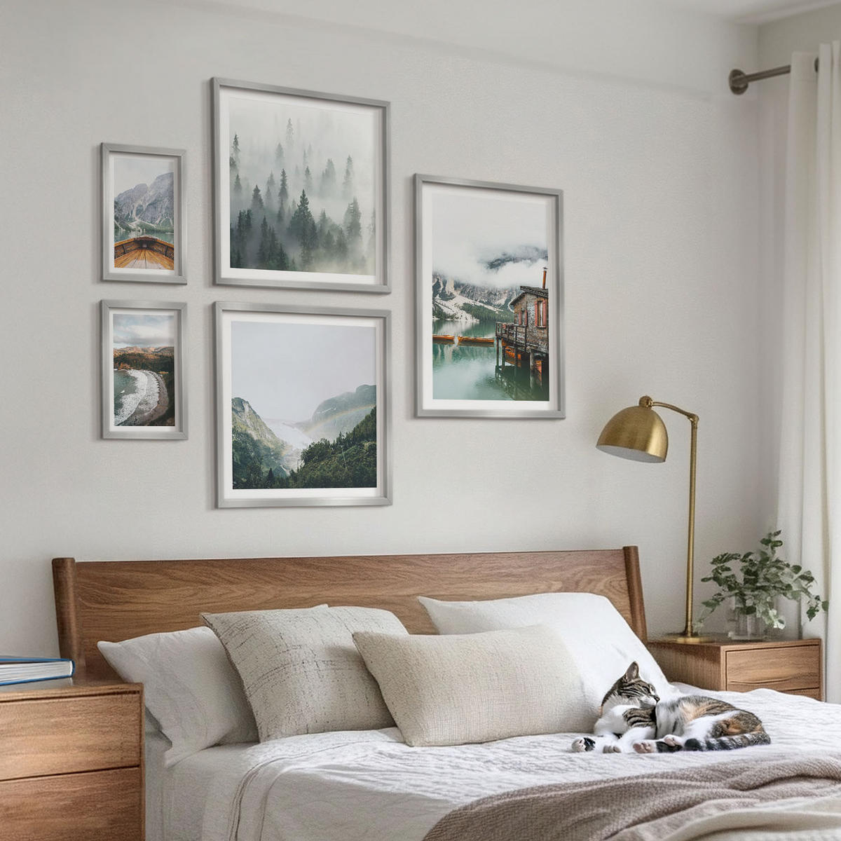 BILDER SET 5er Set - 50x50 cm & 20x30 cm & 40x60 cm Silberner Rahmen - Berge, See, Boot, Nebel, Strand - Silberfarben, Kunststoff (40/60cm) - TULUP