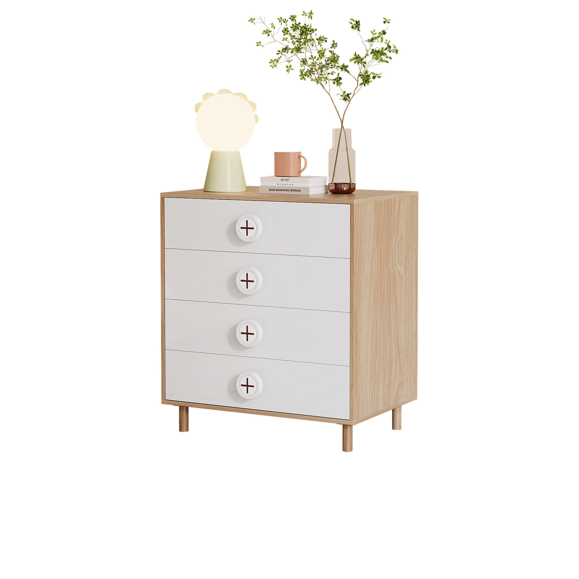 KINDER-NACHTTISCH in Weiß Schlafzimmerkommode mit Schubladen und Stützen für Schlafzimmer, B80/T54/H90cm - Naturfarben/Weiß, Holzwerkstoff (80/90/54cm) - STILVORA