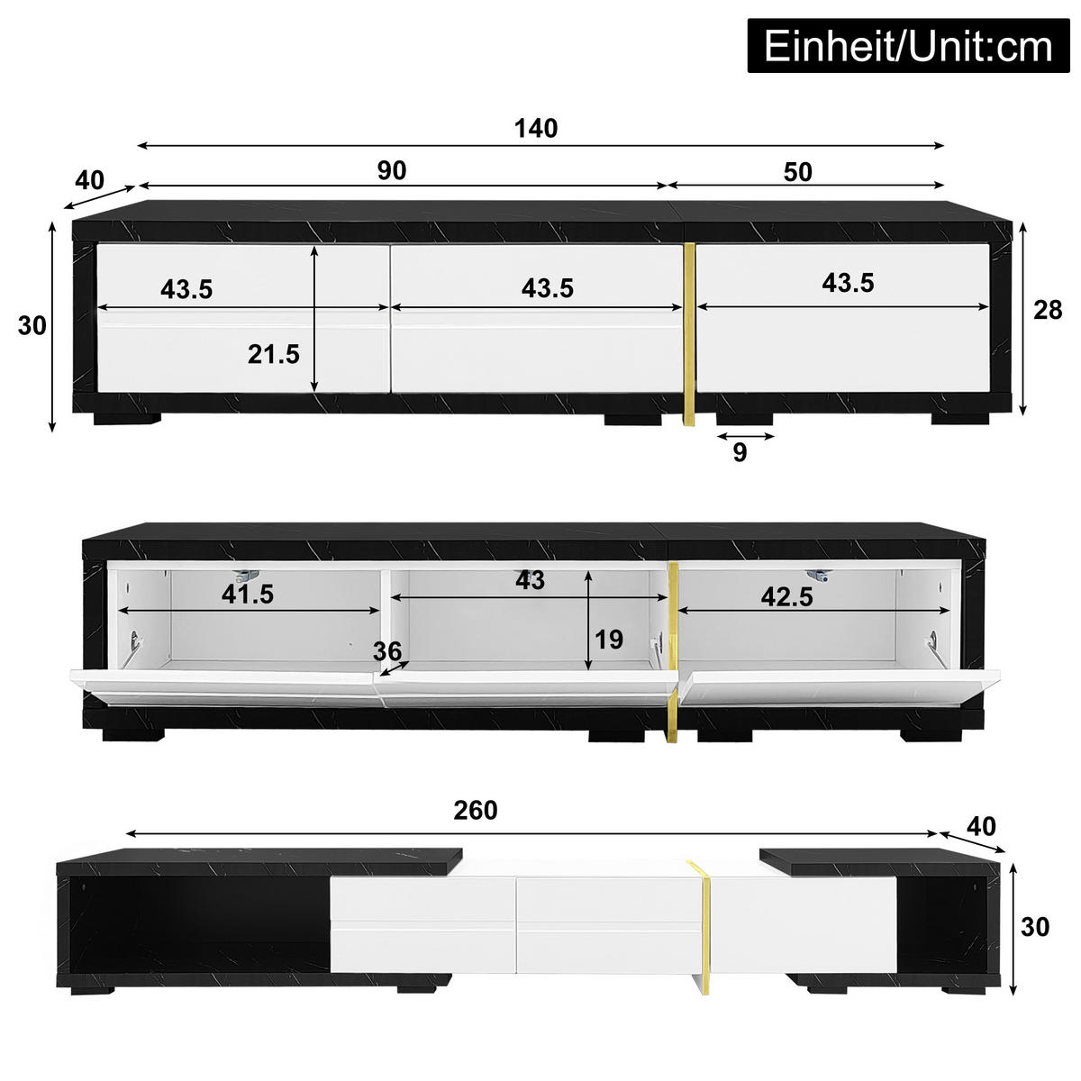 TV-SCHRANK erweiterbar in Weiß Hochglanz und schwarzer Marmoroptik 140–260/40/30 cm - Weiß, Holzwerkstoff (260/30/40cm) - Redom