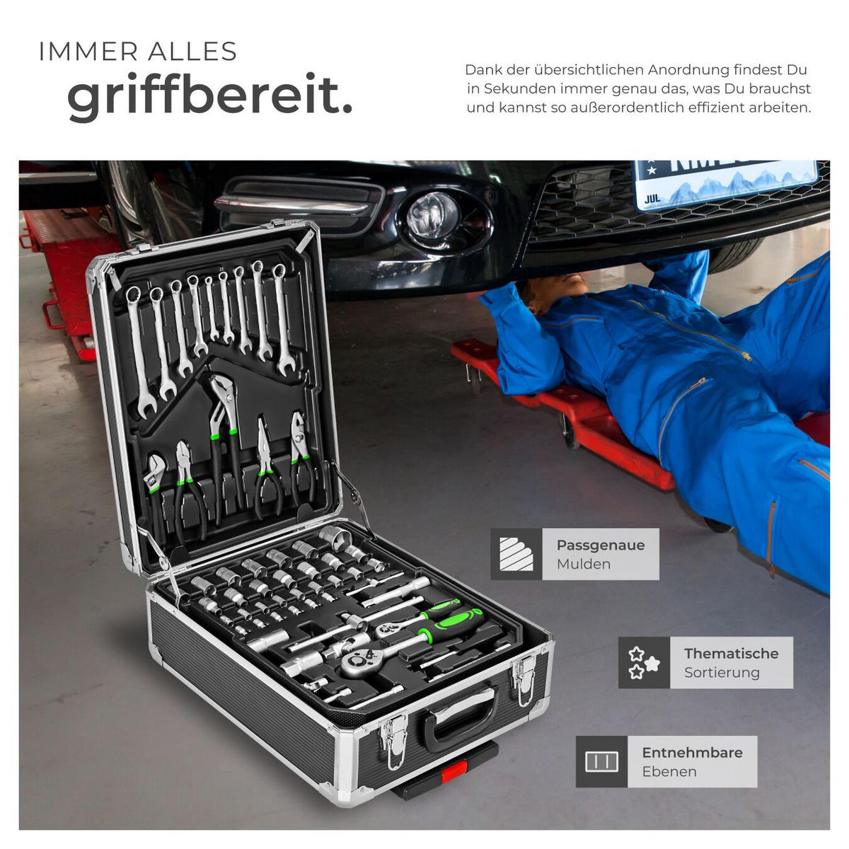 WERKZEUGKOFFER ,mit Klappgriff und Teleskopgriff,schwarz - Schwarz, Metall (20/100/37cm) - tectake