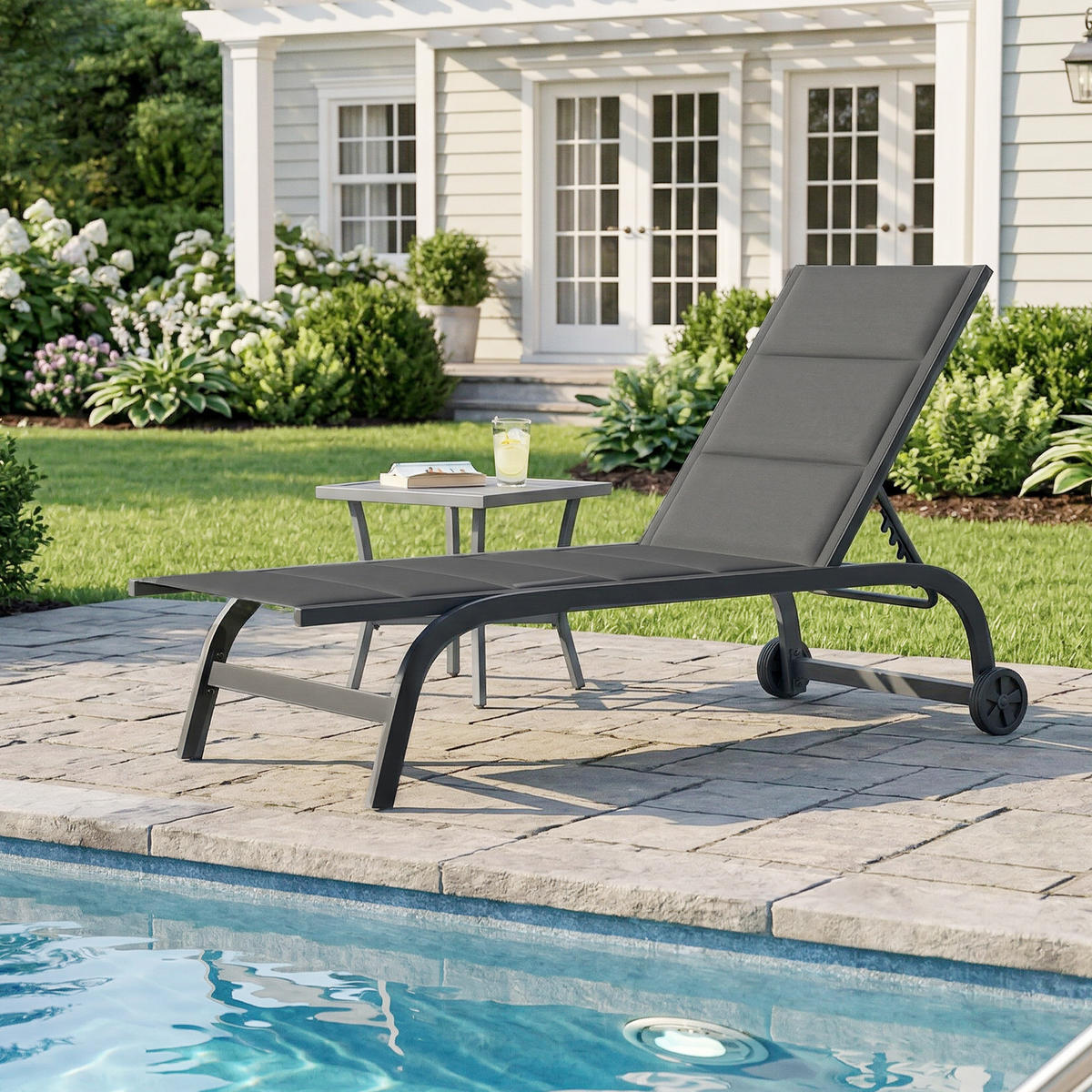 SONNENLIEGE Atmungsaktive Gartenliege mit 6-fach Verstellbar Rückenlehne Rädern Aluminiumrahmen Dunkelgrau - Dunkelgrau, Metall (165/94/62cm)