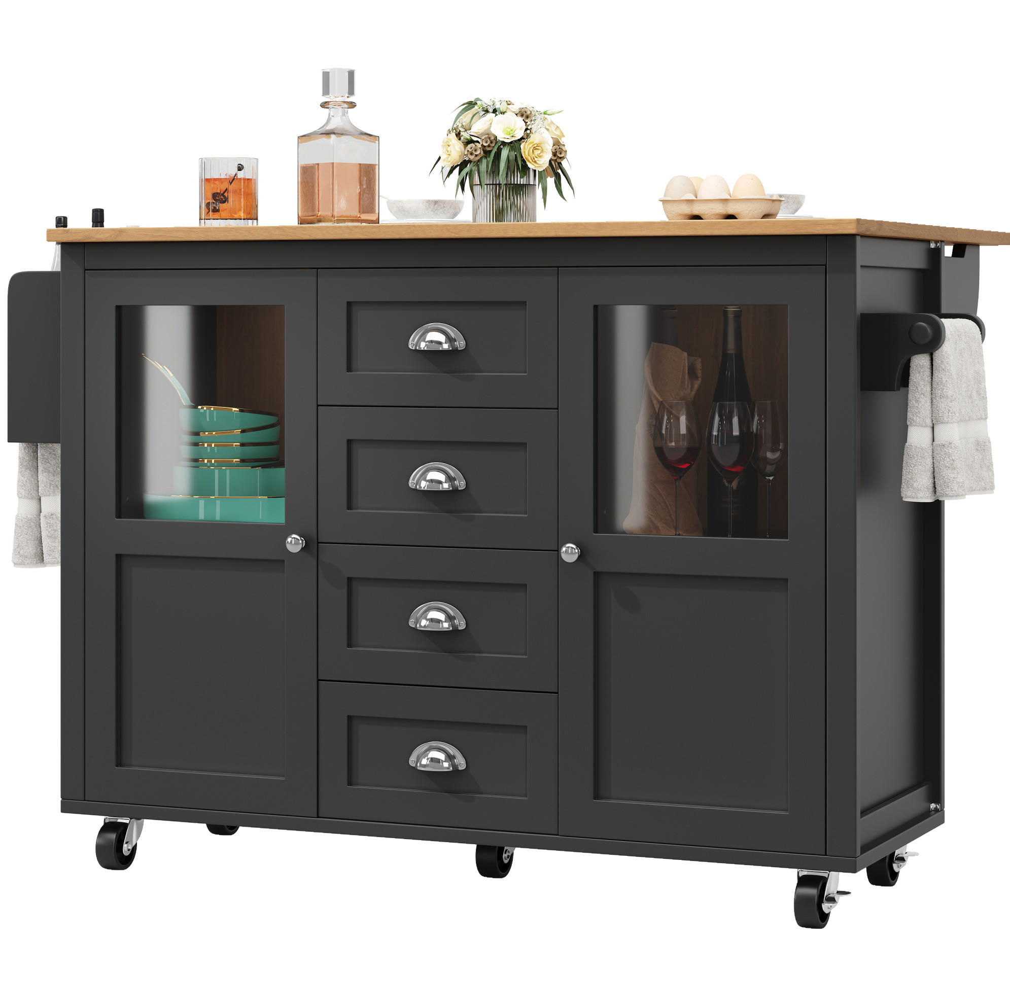 KÜCHENINSEL 137,9/92,5/73 cm Schwarz aus MDF und Metall mit Klapptisch - Schwarz, Holzwerkstoff (73/92.5/137.9cm) - OKMYHOME
