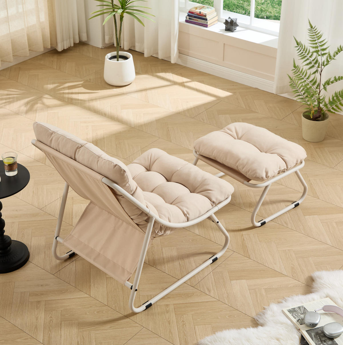ZAHRADNÍ lounge křeslo 65/78/86 cm béžové z oceli s podnožkou a polstrováním - béžová, kov (78/86/65cm) - OKWISH