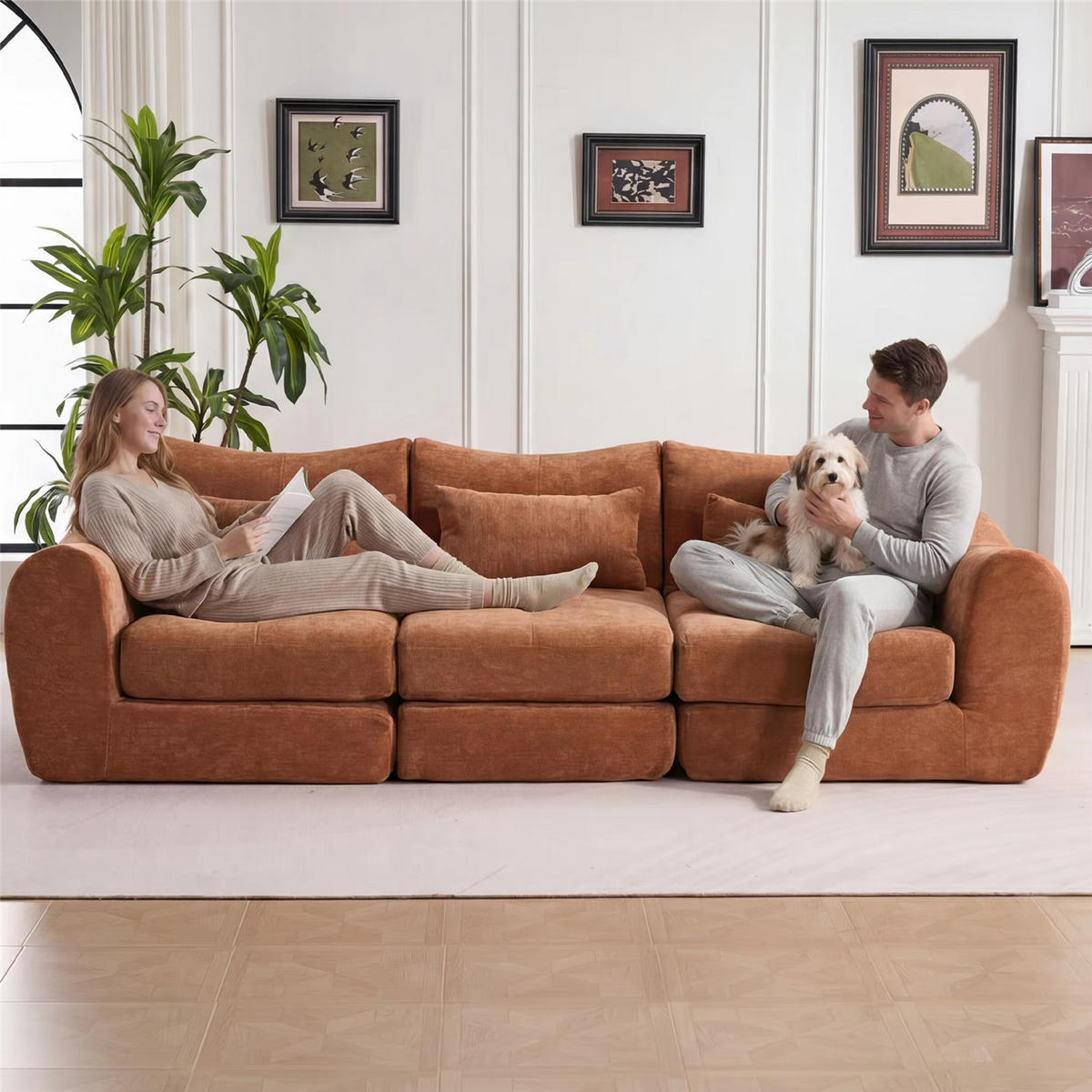 SCHLAFSOFA 3-Sitzer Chenille, Bequemes Kompressionssofa, Orange - Orange, Textil (262/78/97cm) - Kaket