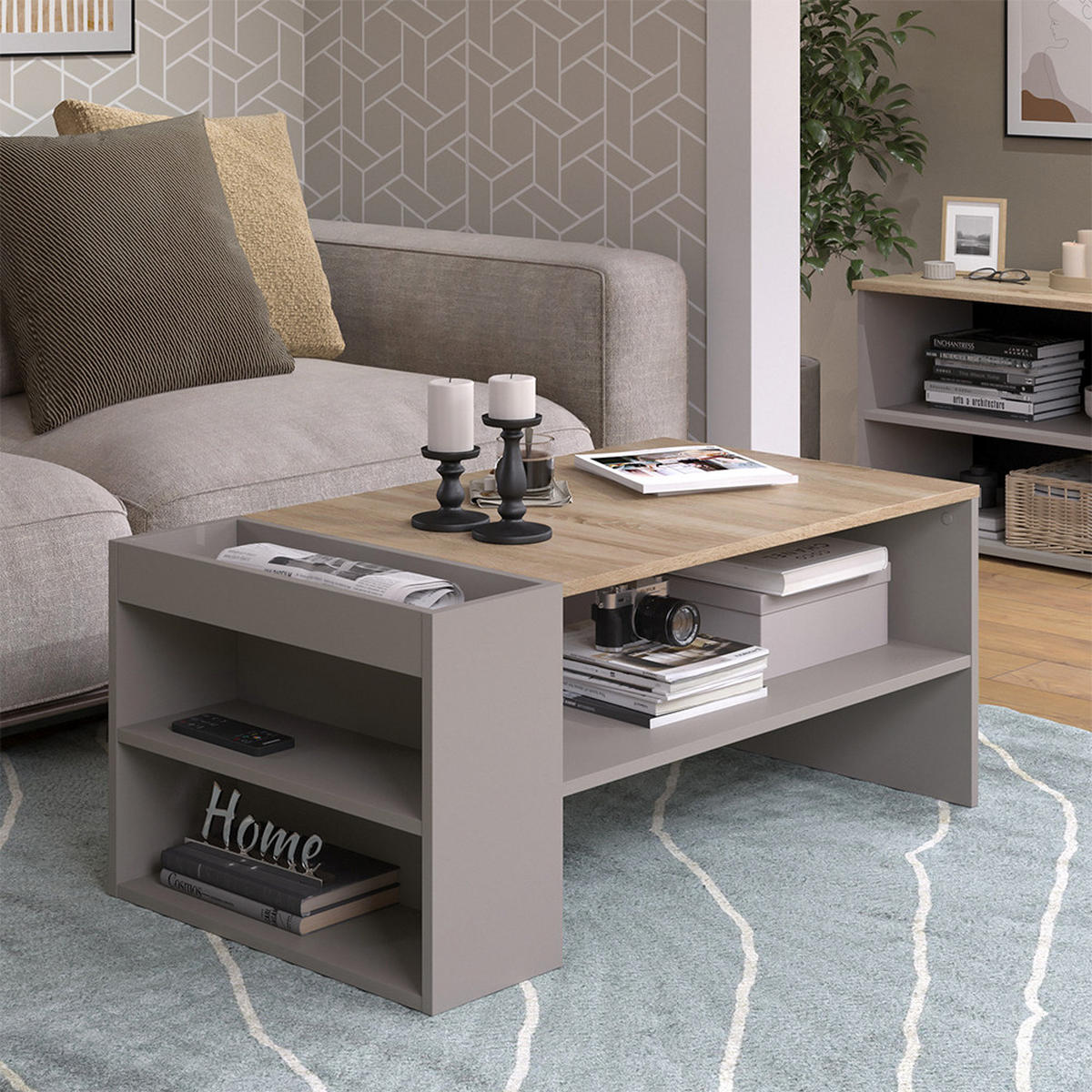 COUCHTISCH Wido Greige 100 x 55 cm mit Regalen - Greige/Sonoma Eiche, Holzwerkstoff (55/100/42cm) - Vicco