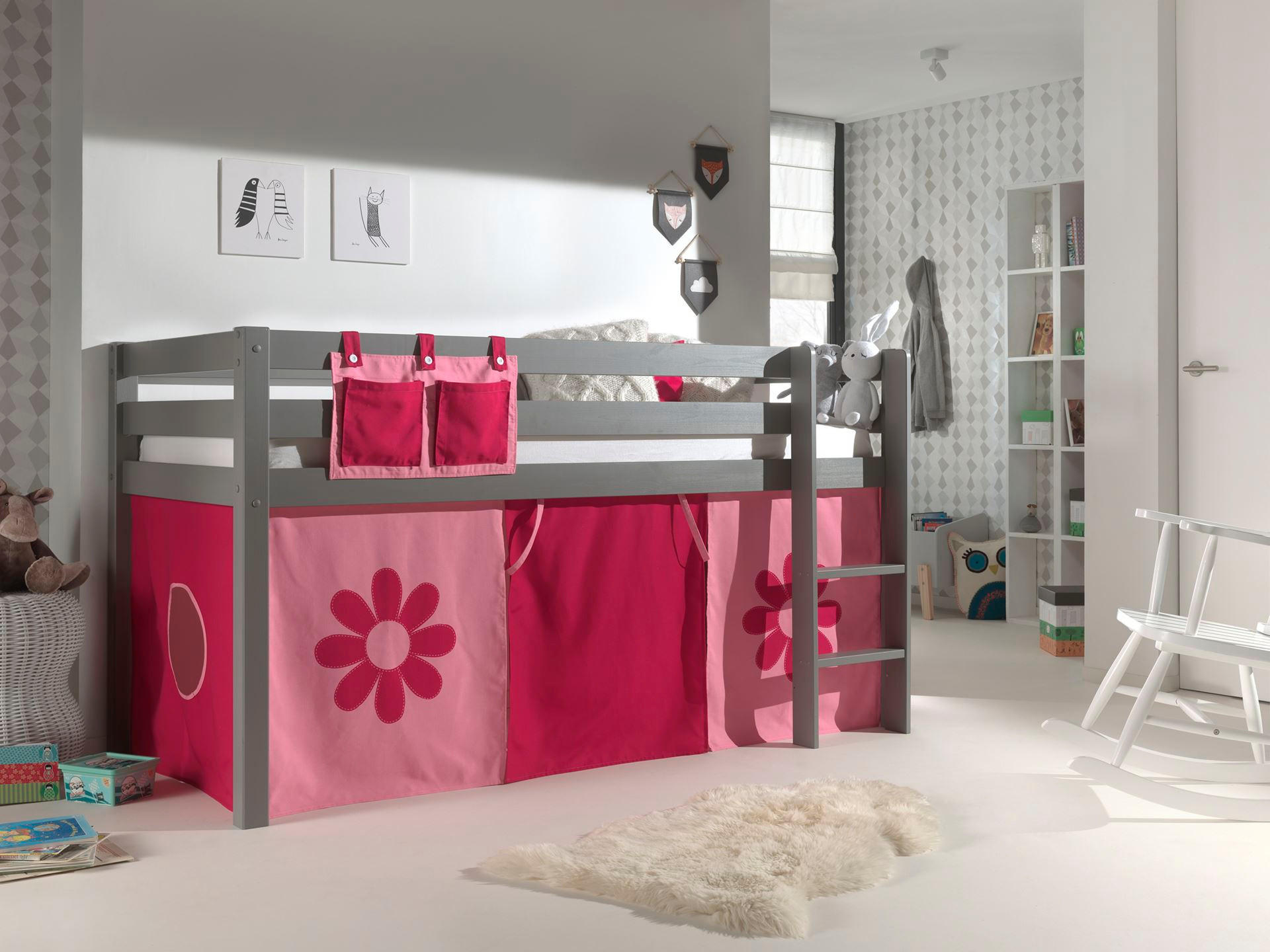 KINDERBETT Karolina 210x114x106 Massivholz Grau Textilset Flower - Pink/Grau, Holz (90/200cm) - 58aufmkessel