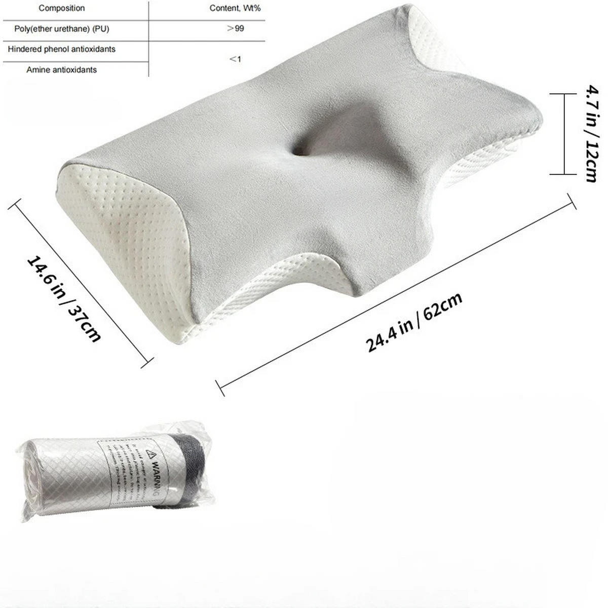NACKENKISSEN ，Ergonomisches , 62 x 37 x 12 cm - Hellgrau, Textil (62/37cm)