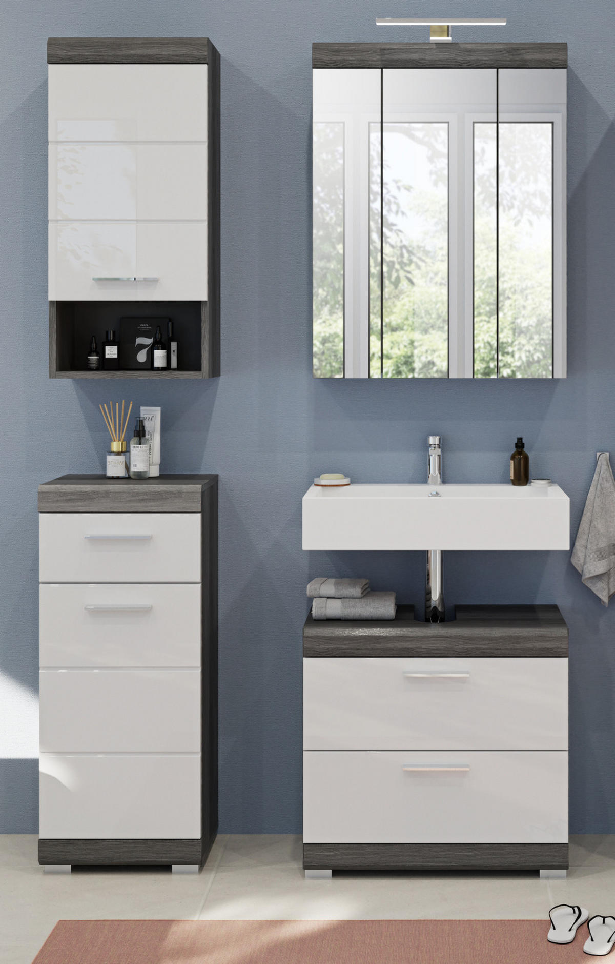 BADMÖBEL-SET weiß Hochglanz, grau 4-teilig 112 cm, Komplettset mit 14 Fächern - Weiß Hochglanz/Grau, Holzwerkstoff (112/191/34cm) - Inn.Furn