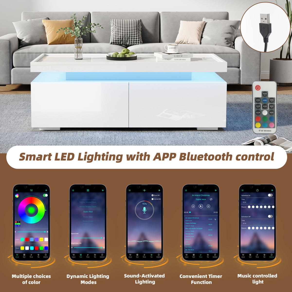 COUCHTISCH 95/45/35 cm Weiß aus Spanplatte mit LED und 2 Schubladen - Weiß, Holzwerkstoff (95/45/35cm) - OKMYHOME