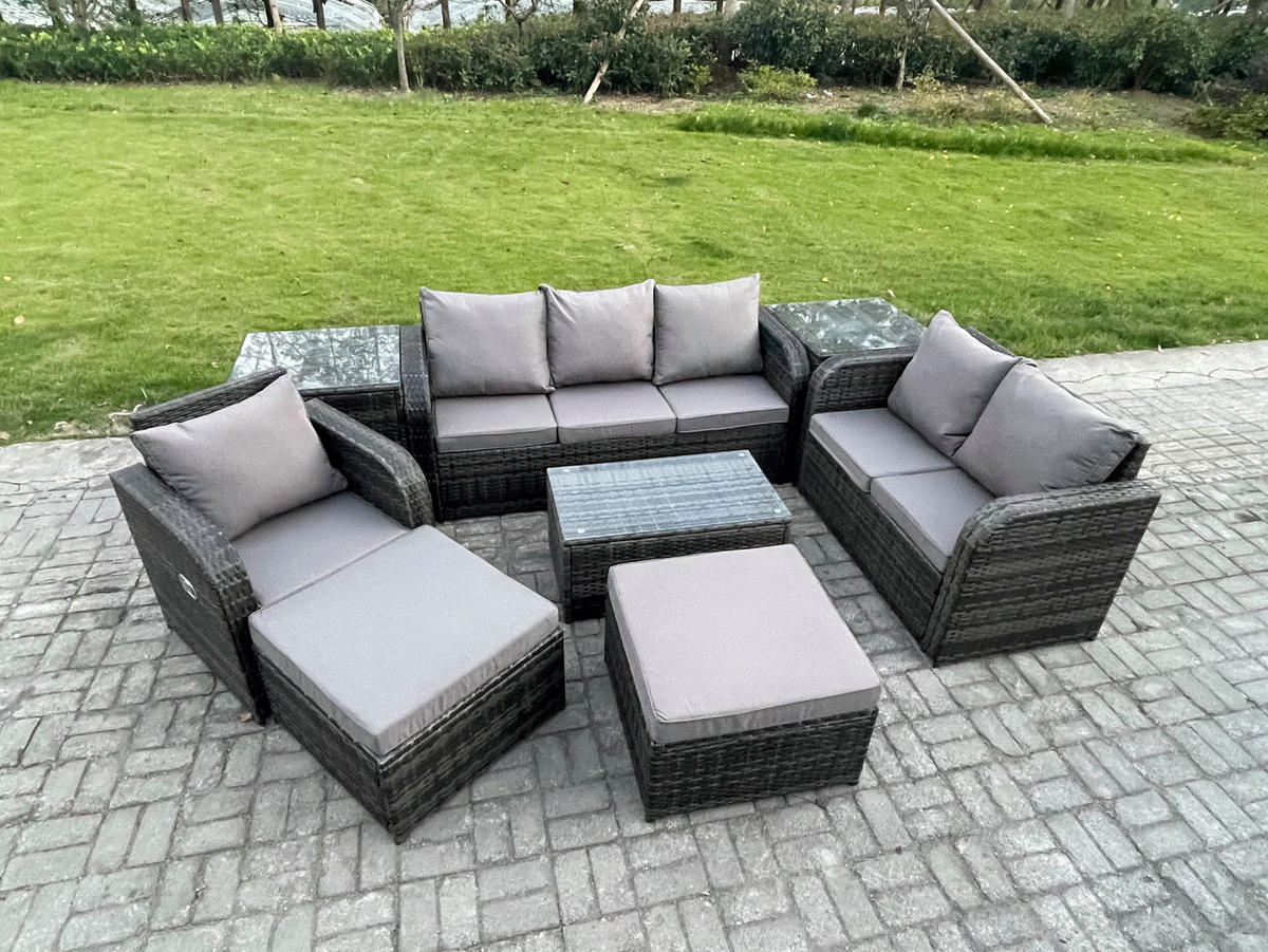 GARTENSET Polyrattan Dunkelgrau 6-Sitzer - Dunkelgrau/Grau, Glas/Kunststoff - Fimous