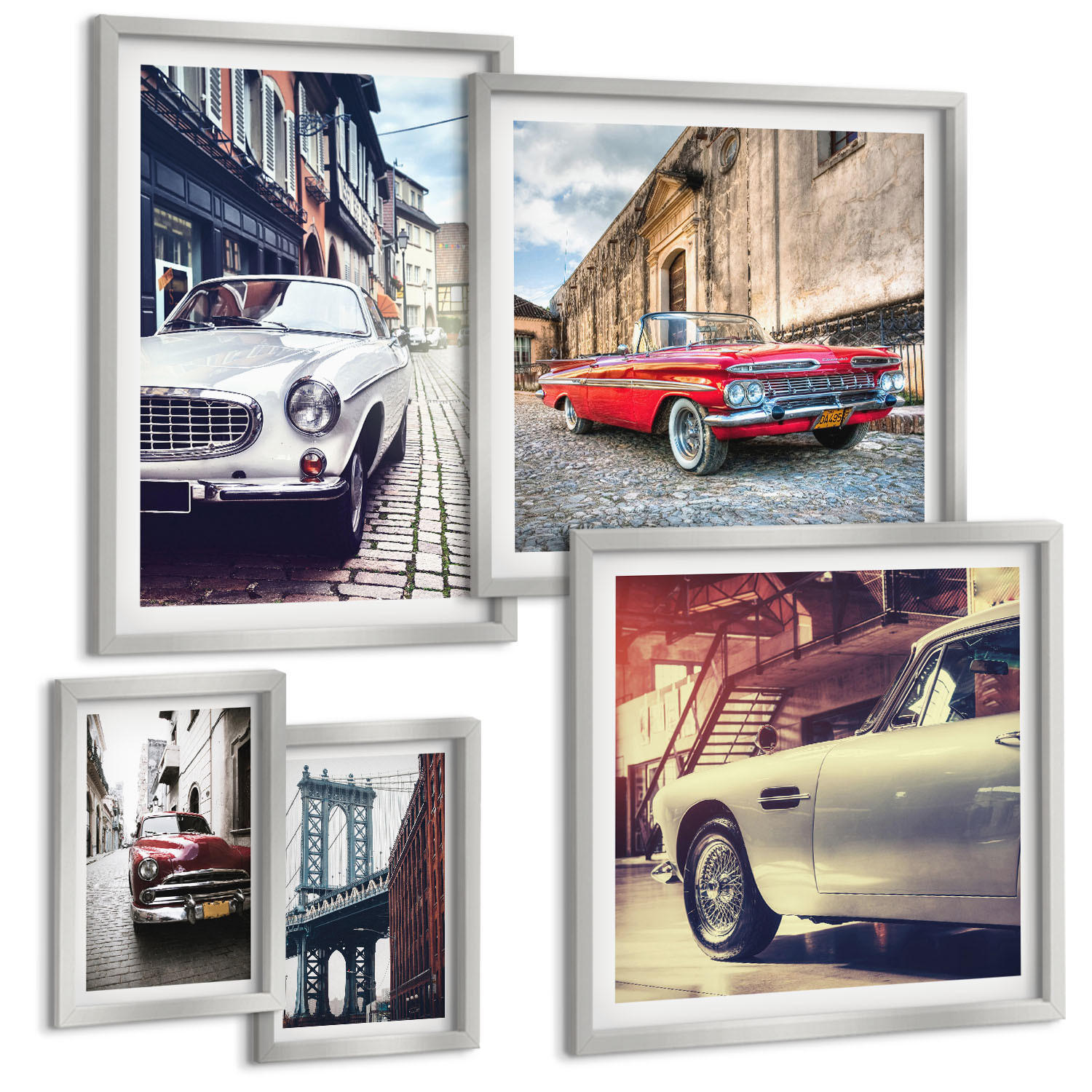 BILDER SET 5er Set - 50x50 cm & 20x30 cm & 40x60 cm Silberner Rahmen - Oldtimer in Städten - Silberfarben, Kunststoff (40/60cm) - TULUP