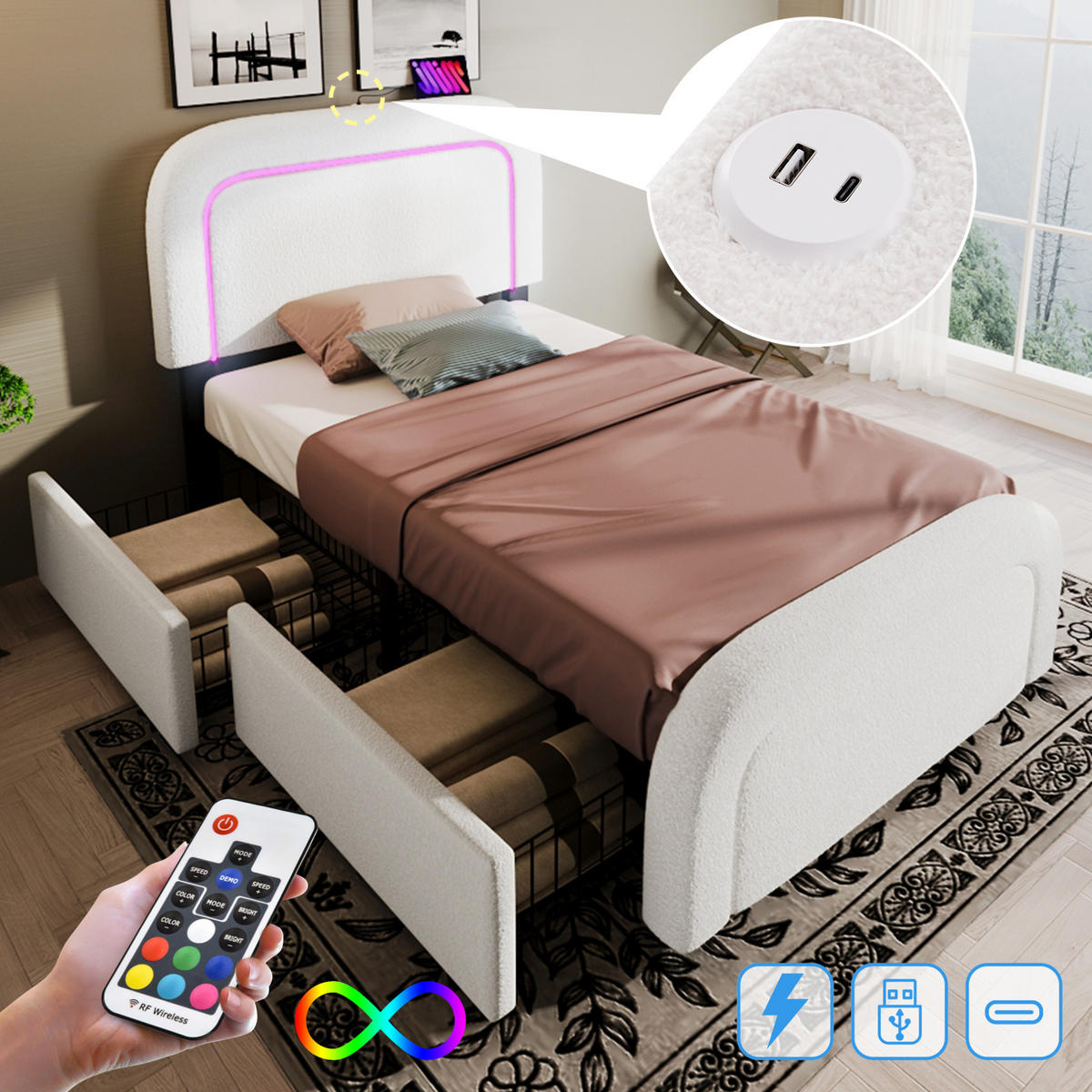 POLSTERBETT 90/200 cm aus Sherpa mit USB-C, LED-Beleuchtung, 2 Schubladen und Matratze, Weiß - Weiß, Textil (90/200cm) - Redom