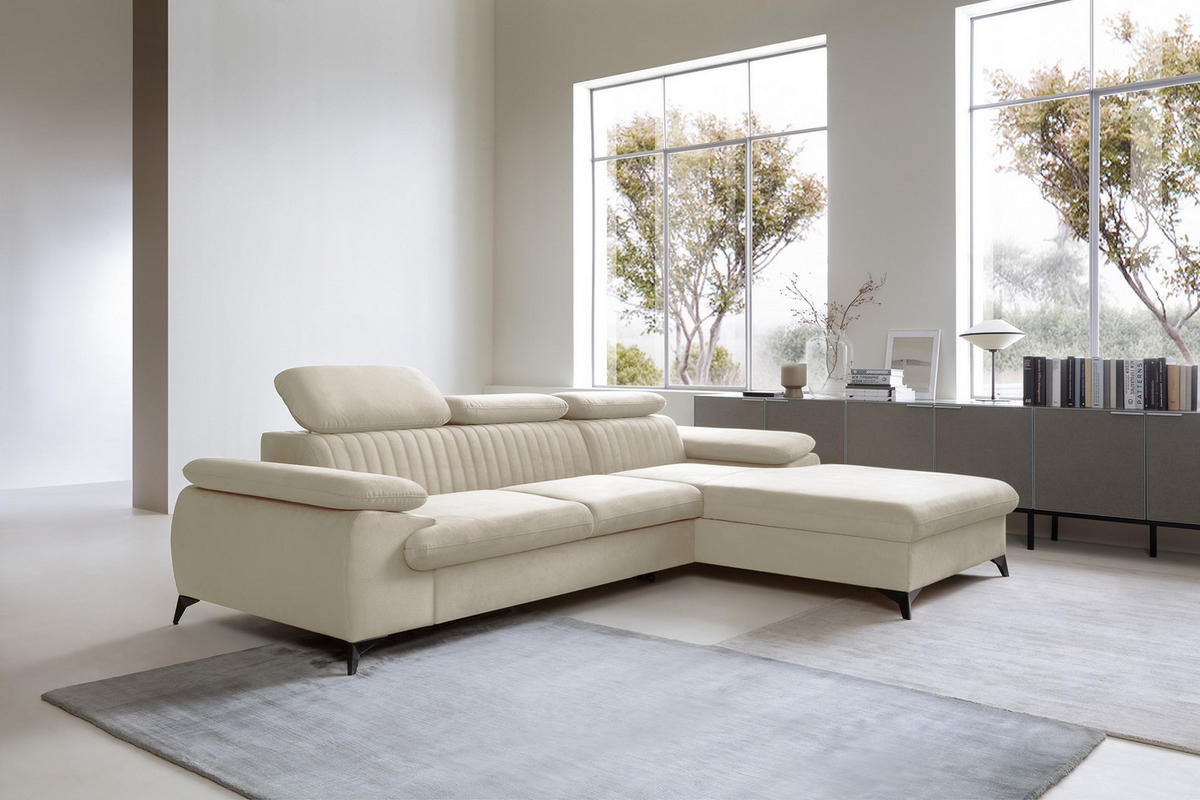 ECKSOFA 280 cm Xanto M, Schlaffunktion, verstellbaren Kopfstützen, Rechts, Creme - Creme, Holz (193/280cm) - Emporius