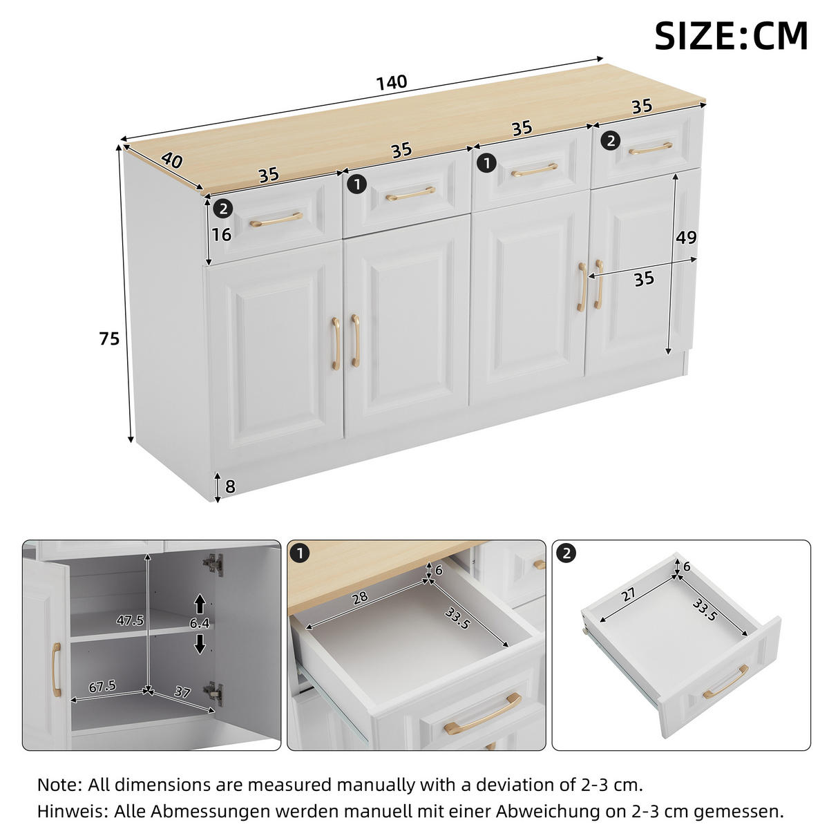SIDEBOARD 140/40/75 cm mit 4 Türen & 4 Schubladen in Weiß/Eiche - Weiß, Holzwerkstoff (140/75/40cm) - BEAOK