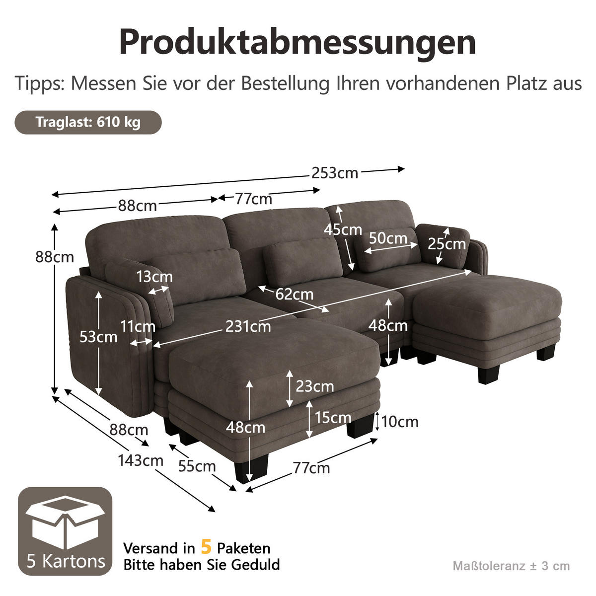 WOHNLANDSCHAFT U-Form 3-Sitzer mit 2 Hockern, DE-42686, Braun - Braun, Holz (253/88/143cm) - ComfortXL