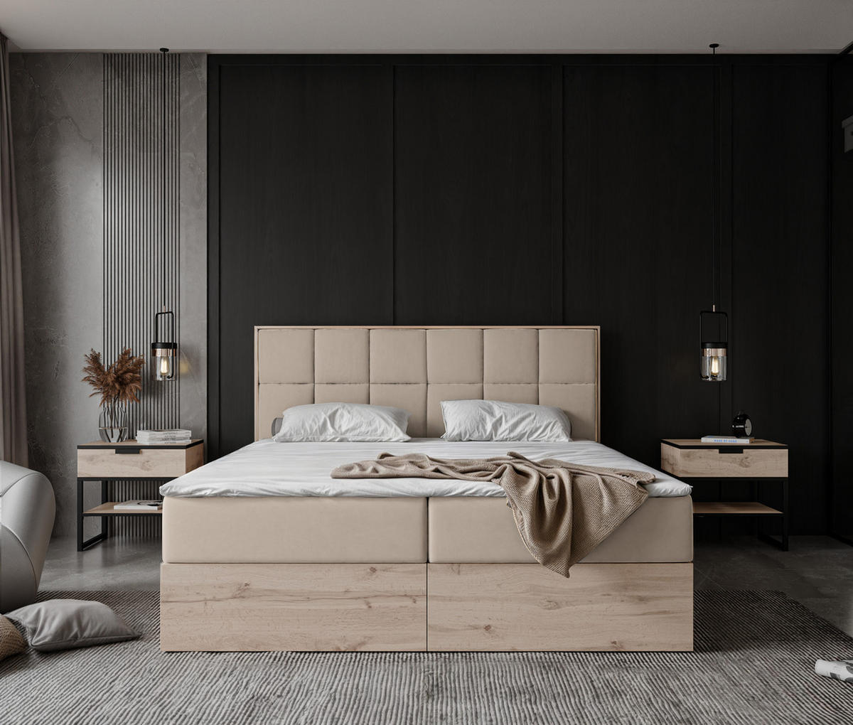 BOXBETT LAVIO II 160/200 cm, in Hellbeige, mit Matratze und Topper - Sandfarben, Holzwerkstoff/Textil (160/200cm) - Idohome
