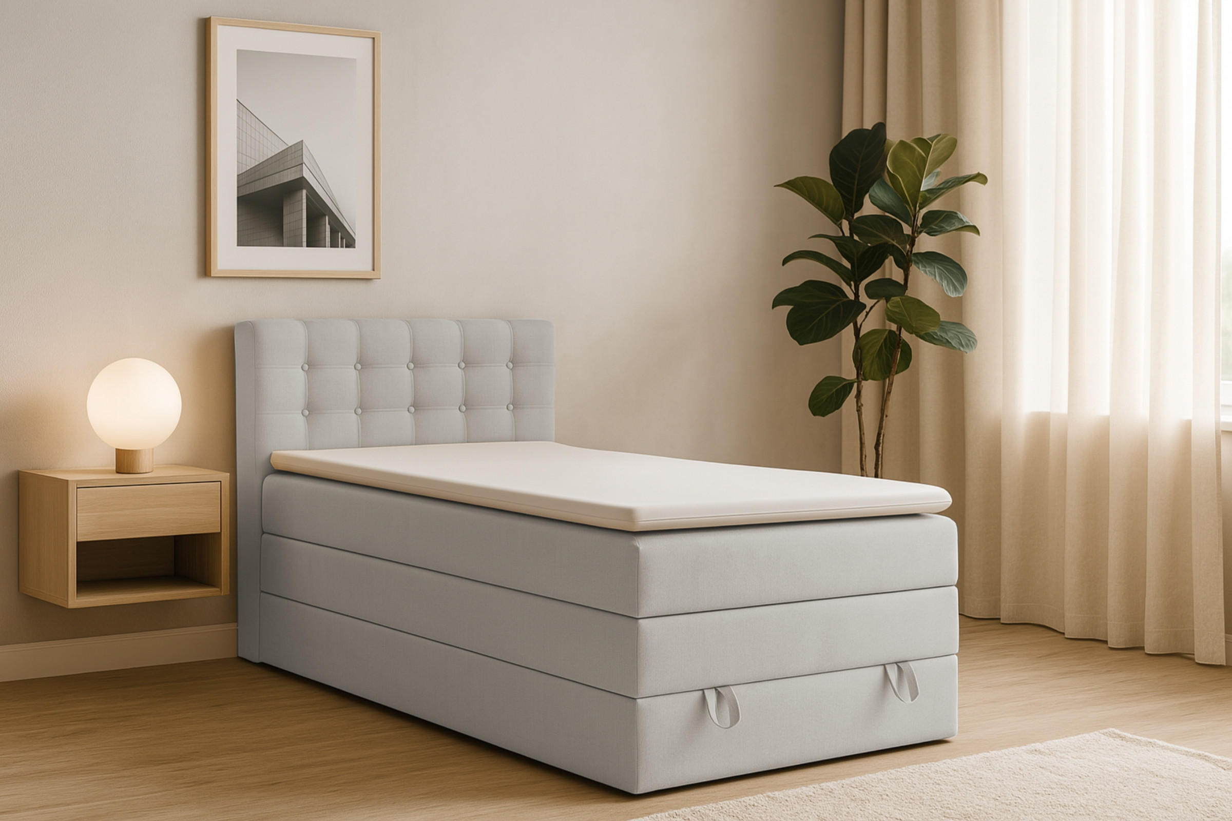 BOXSPRINGBETT JUNG 1 100/200 Velours Hellgrau mit Matratzen H3 + H4 - Hellgrau, Holz/Holzwerkstoff (100/200cm) - Deine Möbel 24